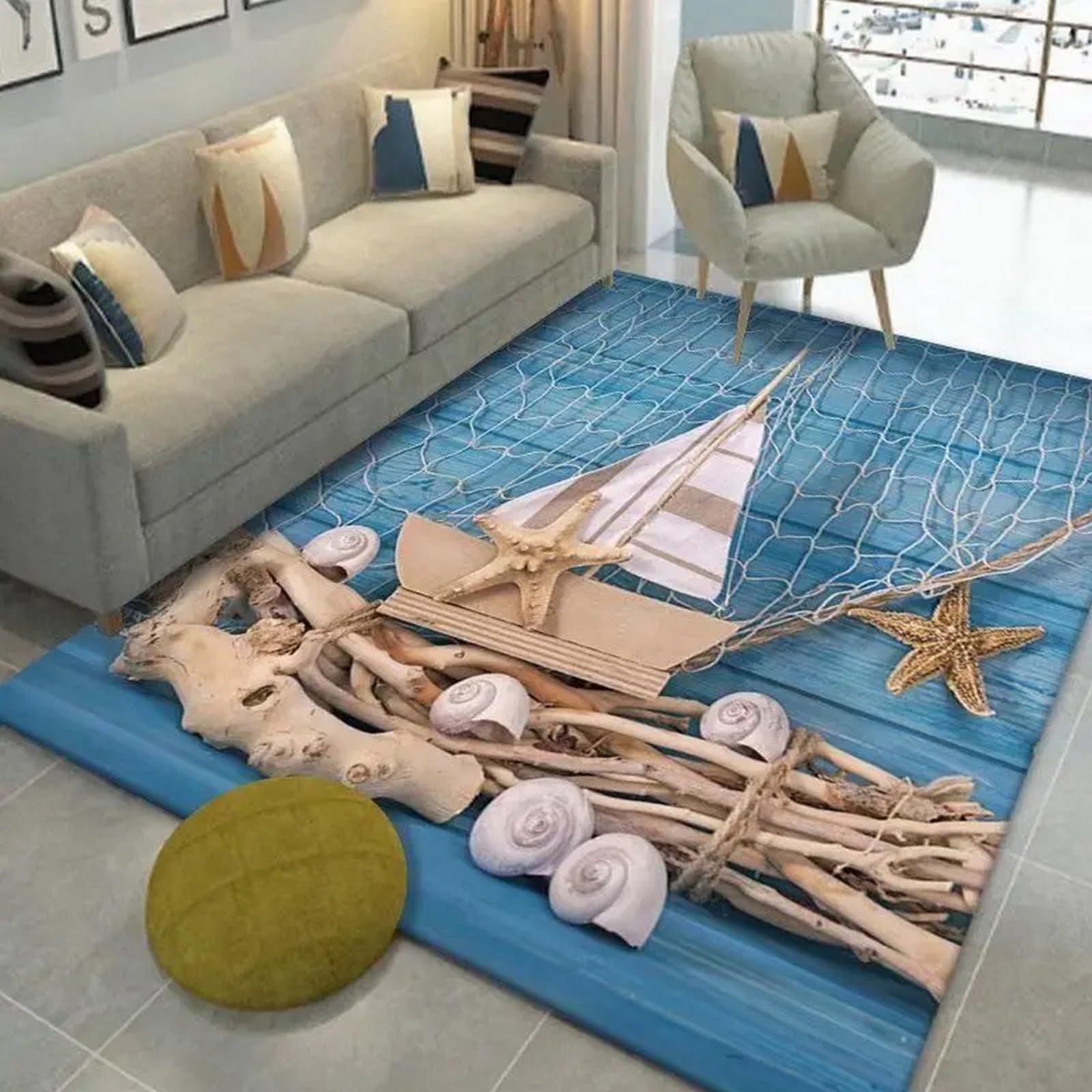 Tapis écor mer et coquille 160x200 cm en polyester doux pour salon et chambre