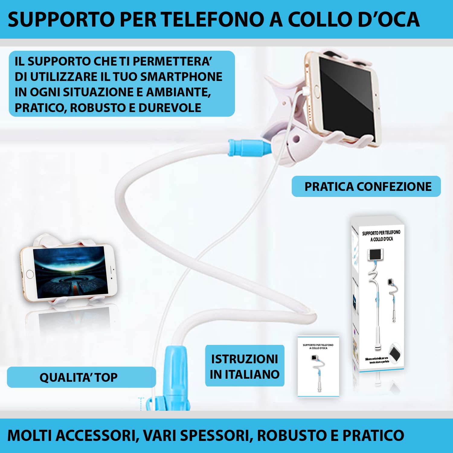 Supporto Per Cellulare A Collo D'Oca - Regolabile E Flessibile, Per IPhone, Huawei E Altri Smartphone - Base A Pinza - Foto 8