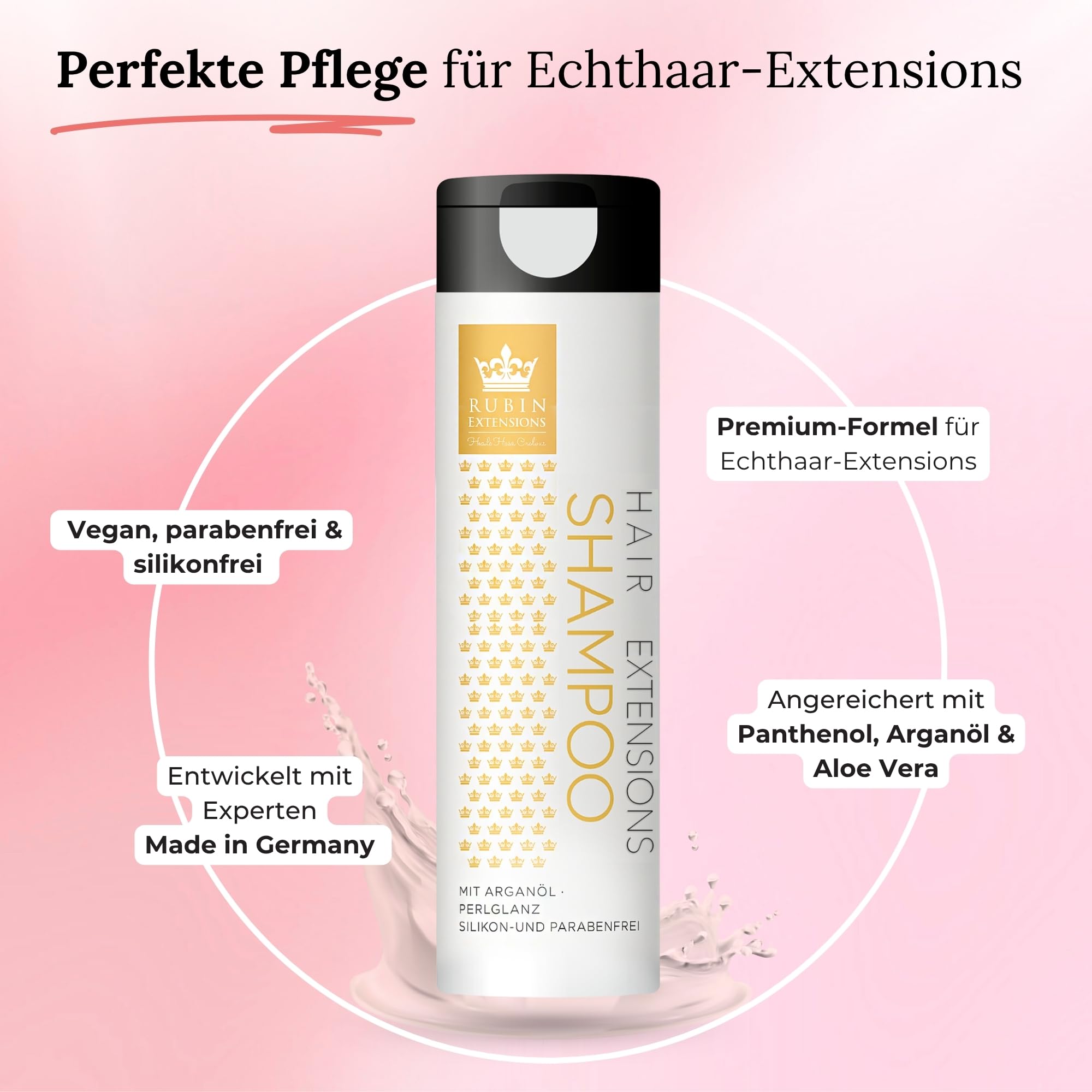 Rubin Extensions Komplett-Pflegeset – Conditioner 200 ml, Shampoo 250 ml, 2‑Phasen Spray 200 ml & Haarserum 50 ml – Extensions Pflege für Haarverlängerungen, Echthaar & Perücken – Sulfatfrei, Keratin