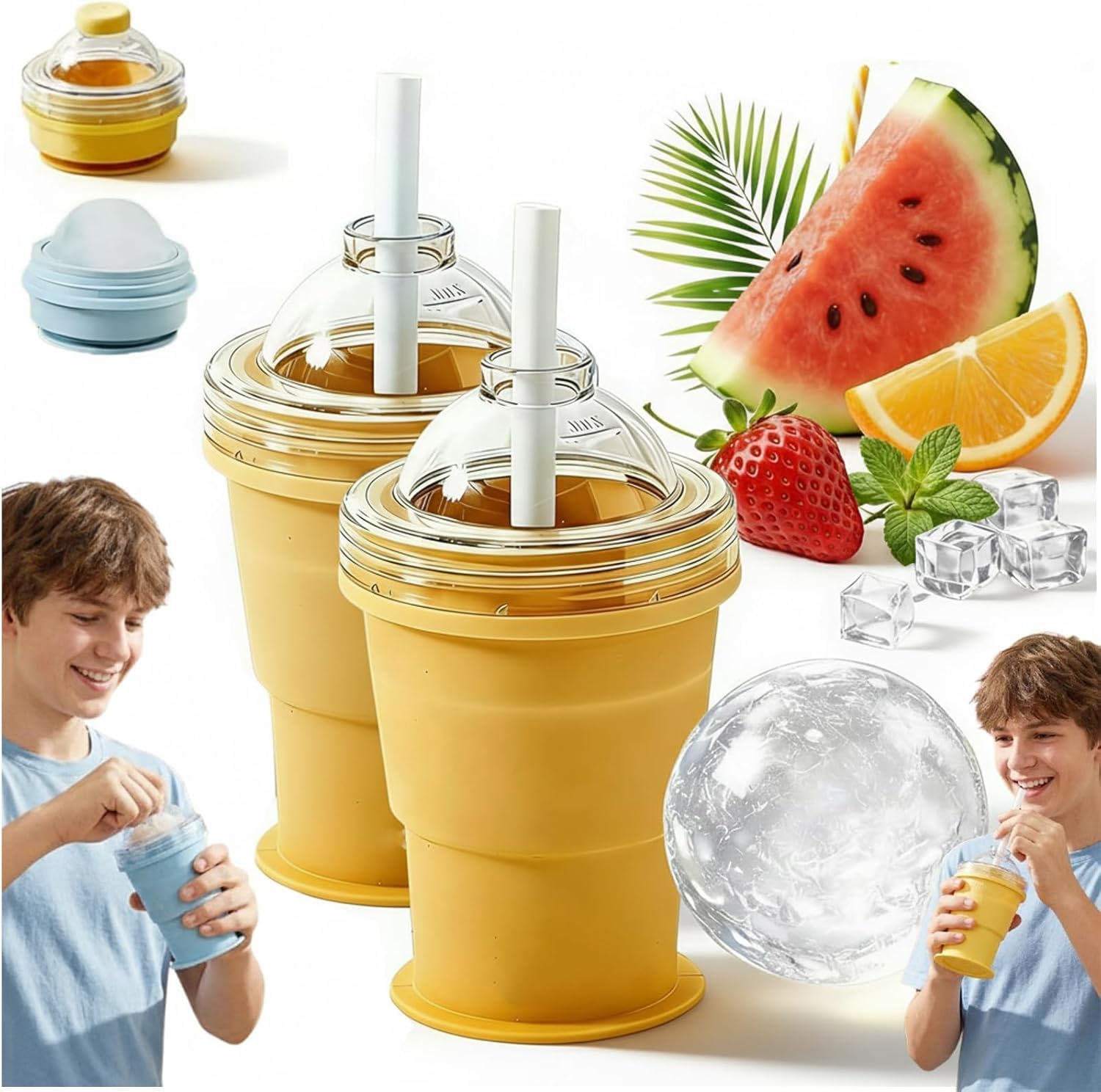 2-in-1 Collapsible Silicone Ice Ball Maker Cup,2 Pcs Portable Foldable Ice Hockey Cup with Straw Lid,Silicone IceSphere Mold, Easy Demolding Leakproof Travel Tumbler ForJuice (Yellow)