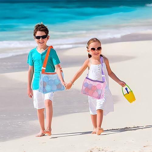 Miniatura 3 de UTTPLL Bolsa de playa de malla colorida ajustable para niños, bolsa de red de secado rápido para conchas marinas que recolecta arena juguete