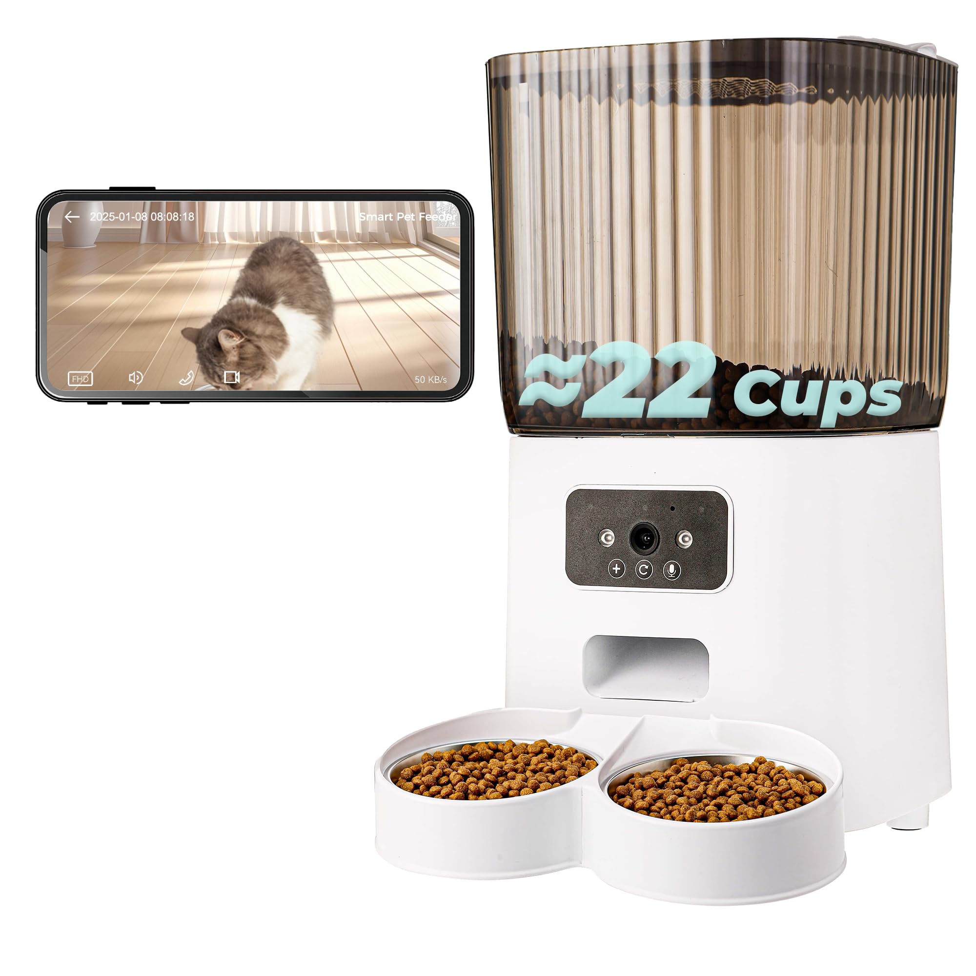 Automatic Cat Feeder with Camera, 5L Smart Dog Food Dispenser with App Control, 1080P Night Vision, Two-Way Audio. 22 Cups Large Hopper, Motion Detection, Timer (5L Double Bowl)
