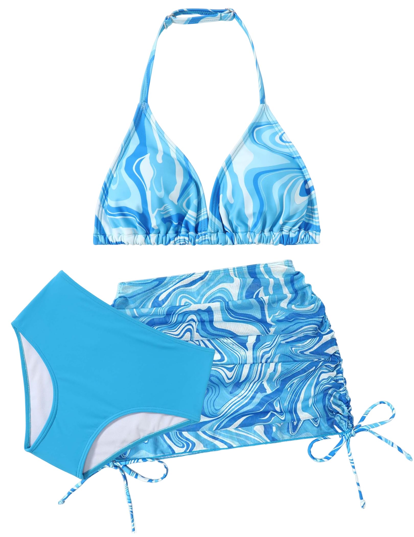 Arshiner Mädchen Bikini Set 3-teilig Kinder Neckholder Badeanzuge mit Rock Sommer Blumendruck Schwimmanzug für Mädchen 7-15 Jahre