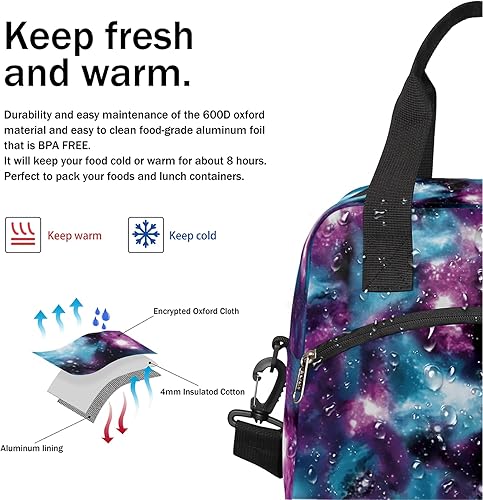 Miniatura 6 de Bolsa de almuerzo aislada con diseño de galaxia colorida para mujeres y hombres y adultos, con purpurina, grande, hielera, térmica, duradera, a