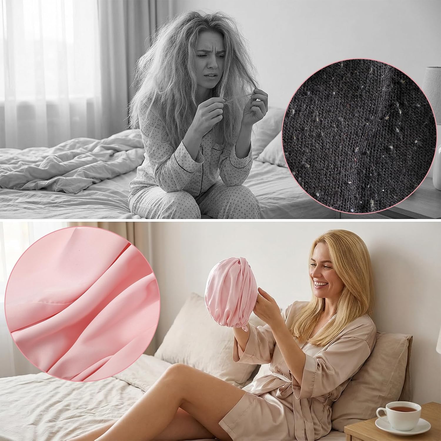 2 Pcs Sleeping Hats Double Layer Silk Hair Wrap Adjustable Silk Satin Hair Bonnet with Hair Tie Smooth Night Sleep Cap Turban for Sleeping Women Men Curly Natural Long Braid Straight Pink