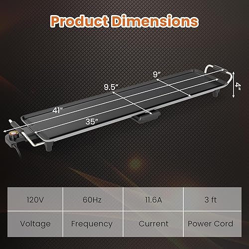 Miniatura 8 de COSTWAY Parrilla eléctrica de 35.5 pulgadas, parrilla Teppanyaki extragrande con 2 superficies antiadherentes, temperatura ajustable, asas aisladas