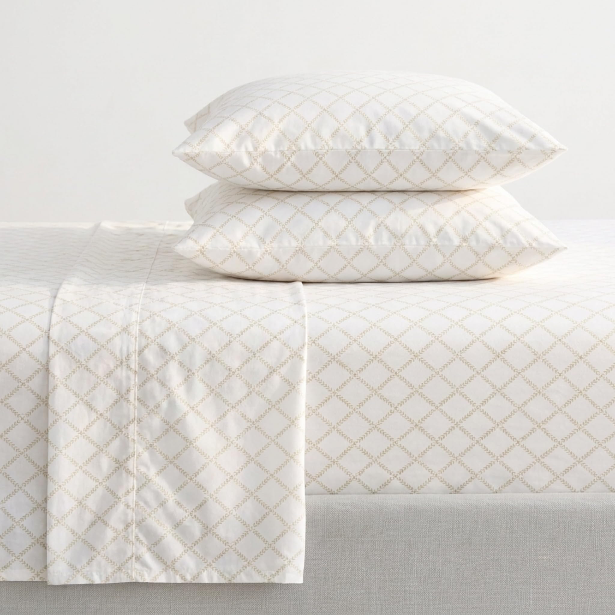 Martha Stewart - Twin Size Sheet Set, Crisp &amp; Tailored Sheets with a Smooth Cotton Percale Feel - Striped Bed Sheets with Matching Pillowcase &amp; Fitted Sheet (Leaf Trellis Beige)