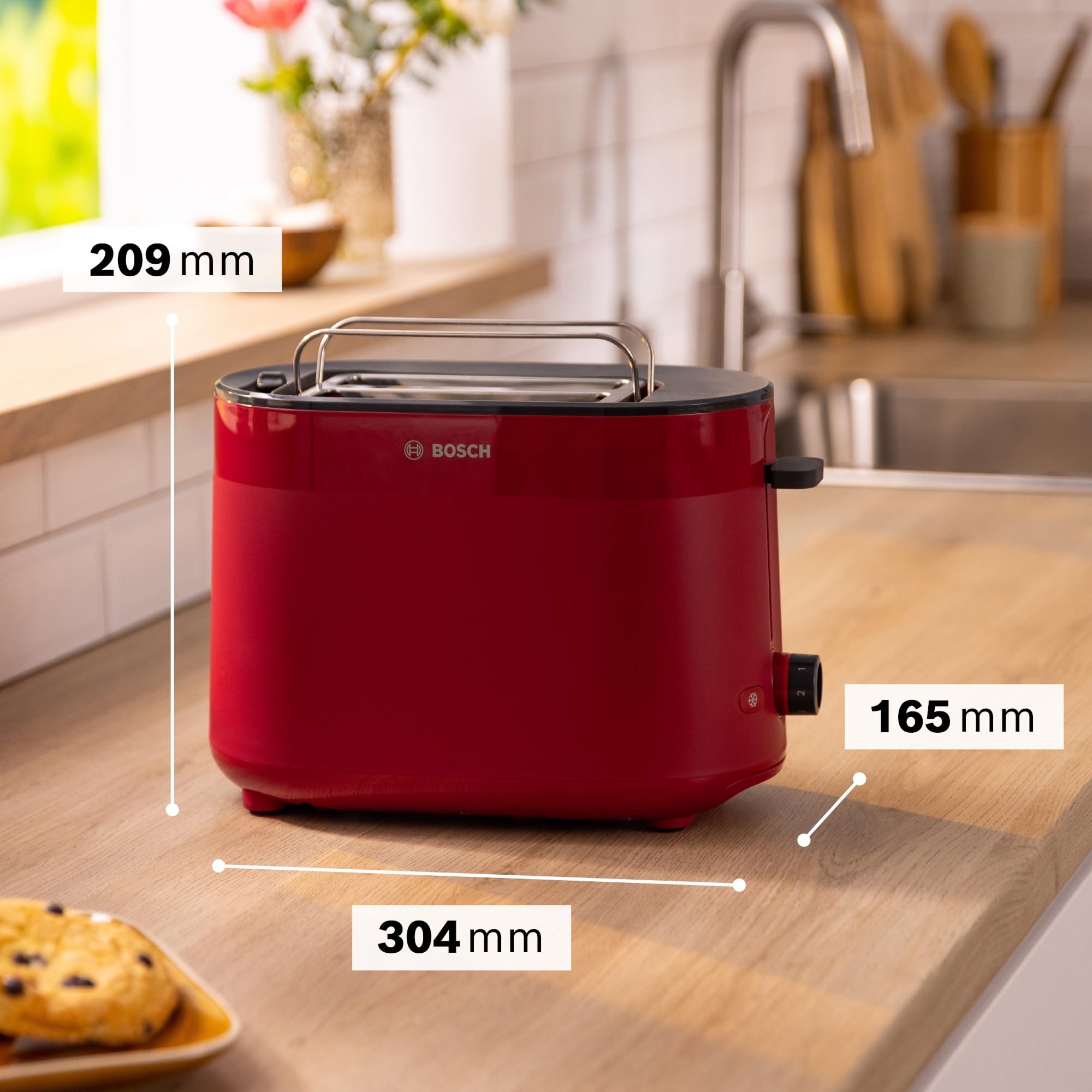 Bosch, toster, MyMoment, pojemnik na 2 kromki, podgrzewanie, rozmrażanie, ruszt na bułki, funkcja wysokiego podnoszenia, automatyczne wyłączanie, czerwony, TAT2M124