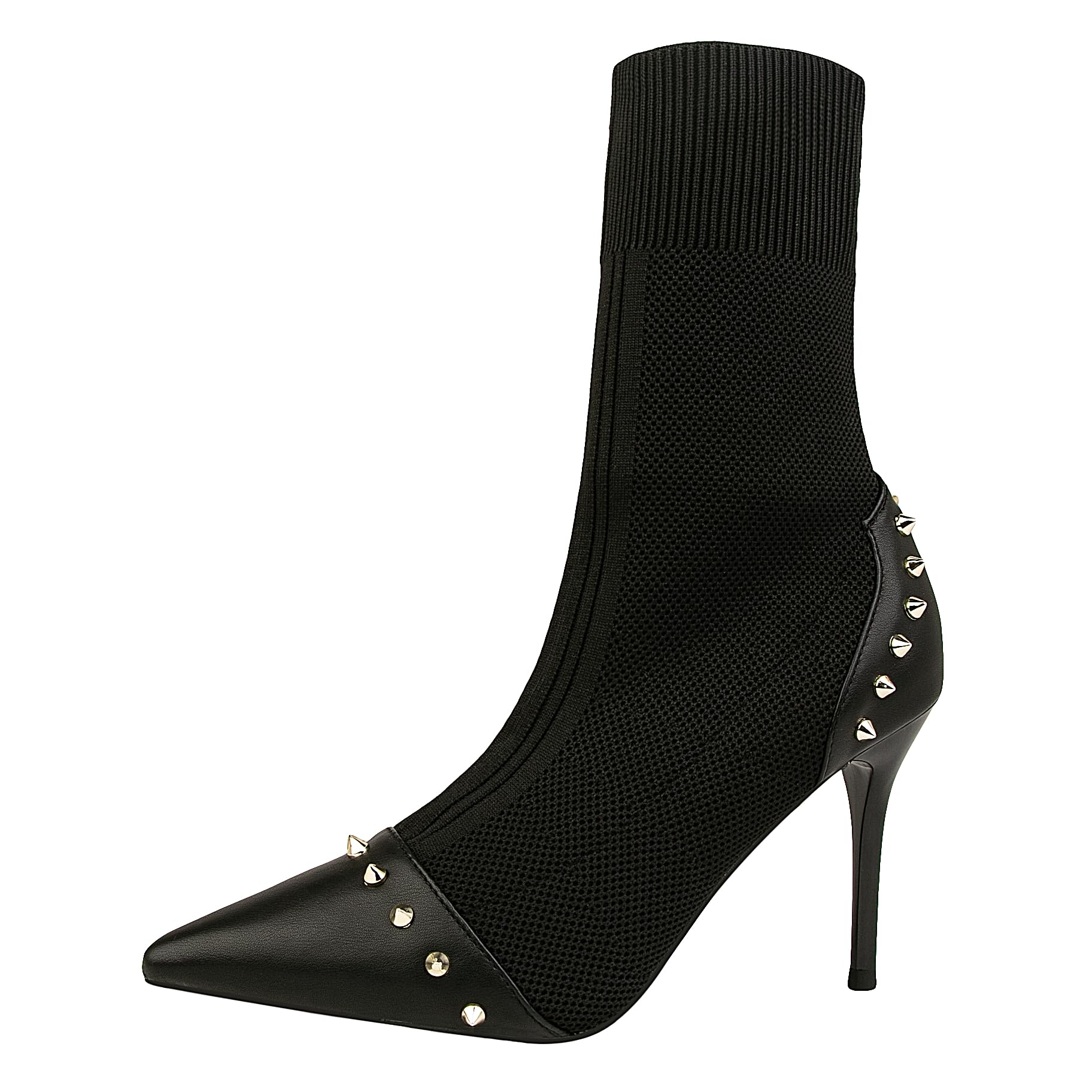 anteikira Women's Pointed Toe High Heel Studded Ankle Boots Pull On Two Tone Stretch Knit Sock Bootie Stiletto Heel Rivet Splicing Mid Calf Winter