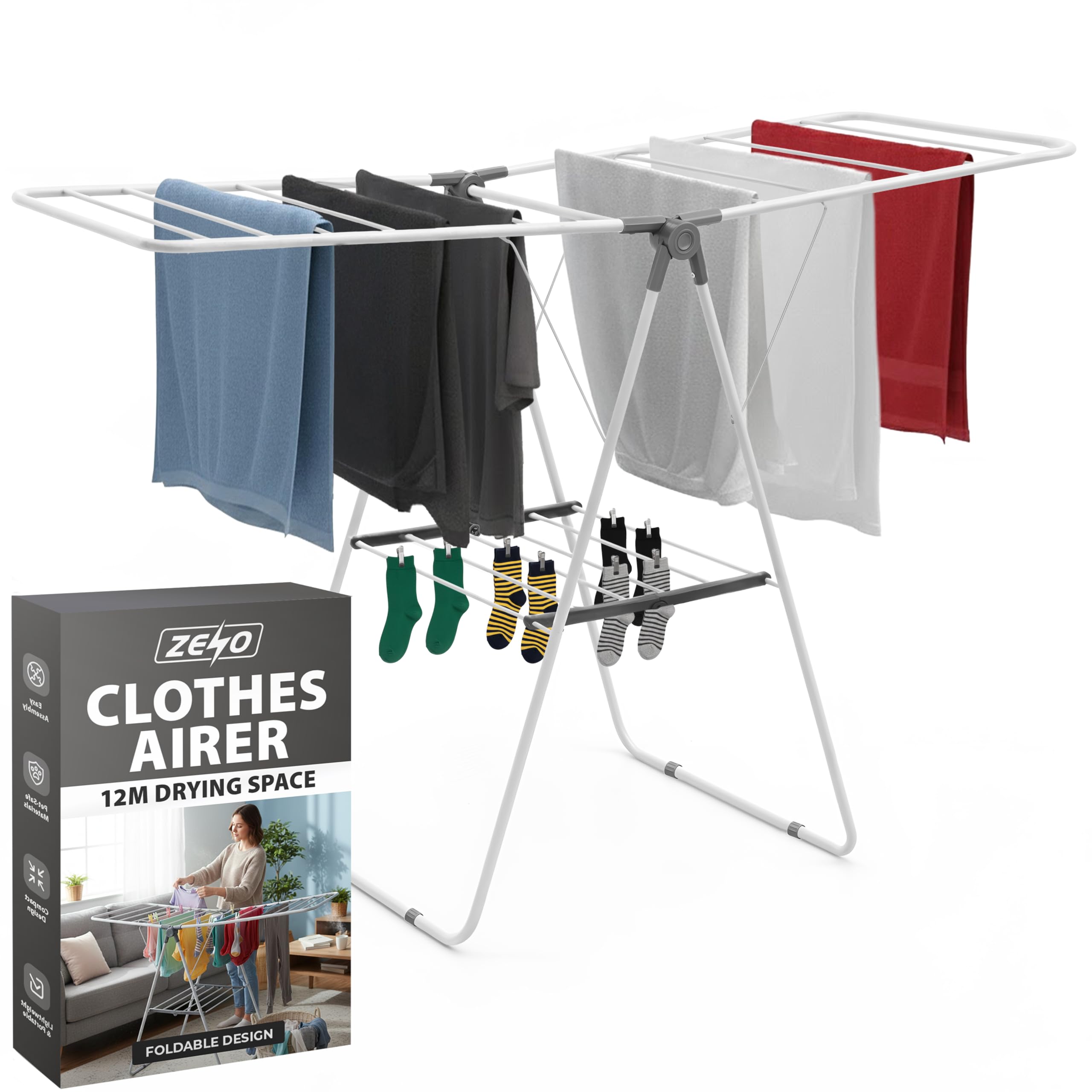 Zeno Grey Clothes Drying Rack 12M Drying Space | Clothes Horse Indoor Folding Airer With 21 Strong Steel Rails | Large Laundry Drying Rack For Home | Freestanding Clothes Dryer Rack For Indoor Outdoor Use