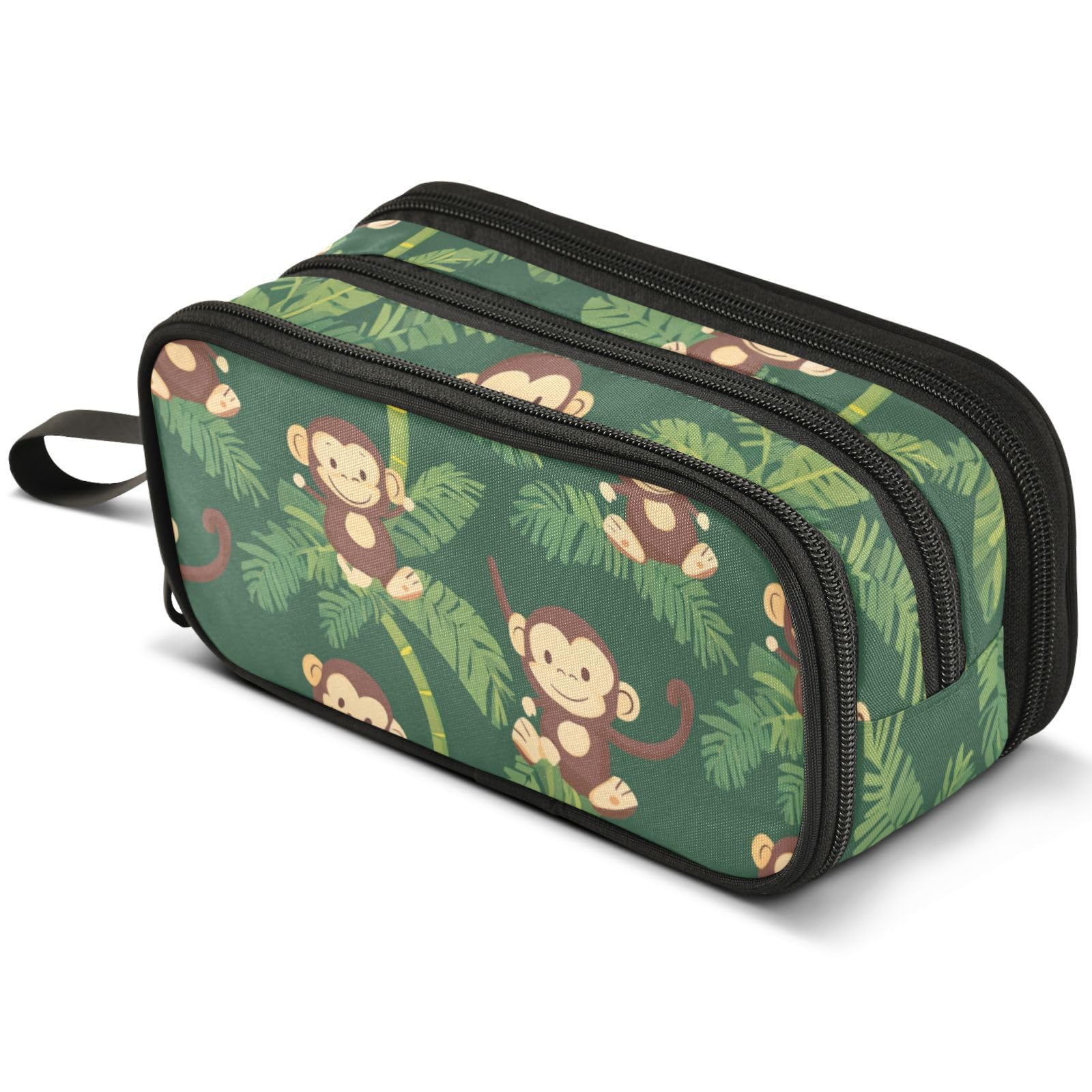 ALAZA Cute Monkeys Palm Trees Hand Drawn Large Pencil Case, Pen Pouch Pencil Bag with 3 Compartments Pen Holder Organizer Stationery Bag