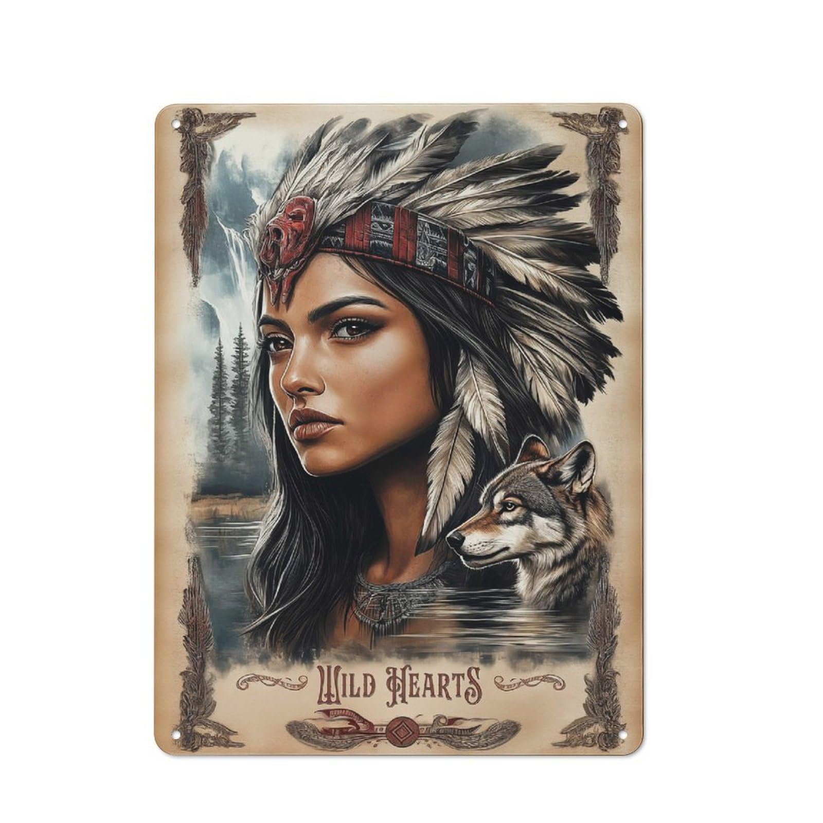Junmoney Style-18 Native American Woman With Wolf Metal Wall Plaque For Halloween Party Room, Bar, Hallway Or Kitchen, Seasonal Gift For Friends And Spooky Decor Lovers, 40X30cm
