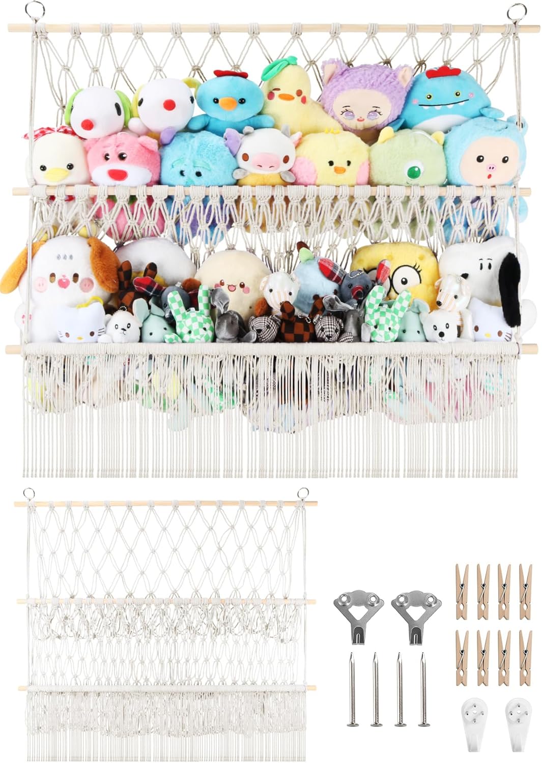 2 Tier Stuffed Animal Storage Shelf Net, 35x30'' Large Plushie Net w/ 2.4/1'' Dense Mesh for Mini Medium Stuffy Teddy, Beige Boho Macrame Toy Holder Display w/ Lights&Clips for Nursery Kid Girl Boy Beige Large-2 Tier