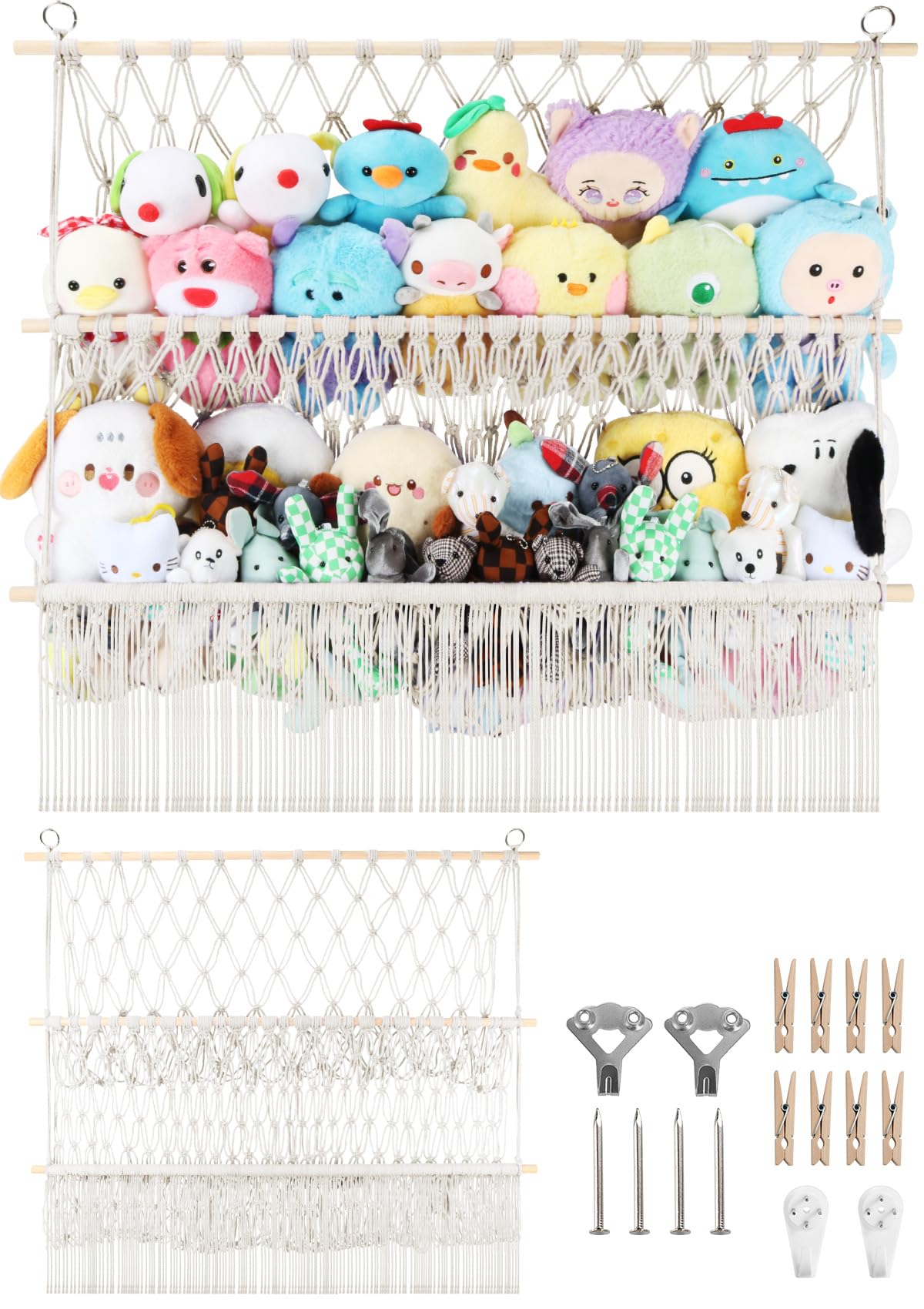 Photo 1 of 2 Tier Stuffed Animal Storage Shelf Net, 17x32Inch Large Stuffed Animal Organizer Holder Display for Mini Medium Stuffy,Beige Boho Macrame Wall Stuffy Storage Plushies Storage for Nursery Decor
