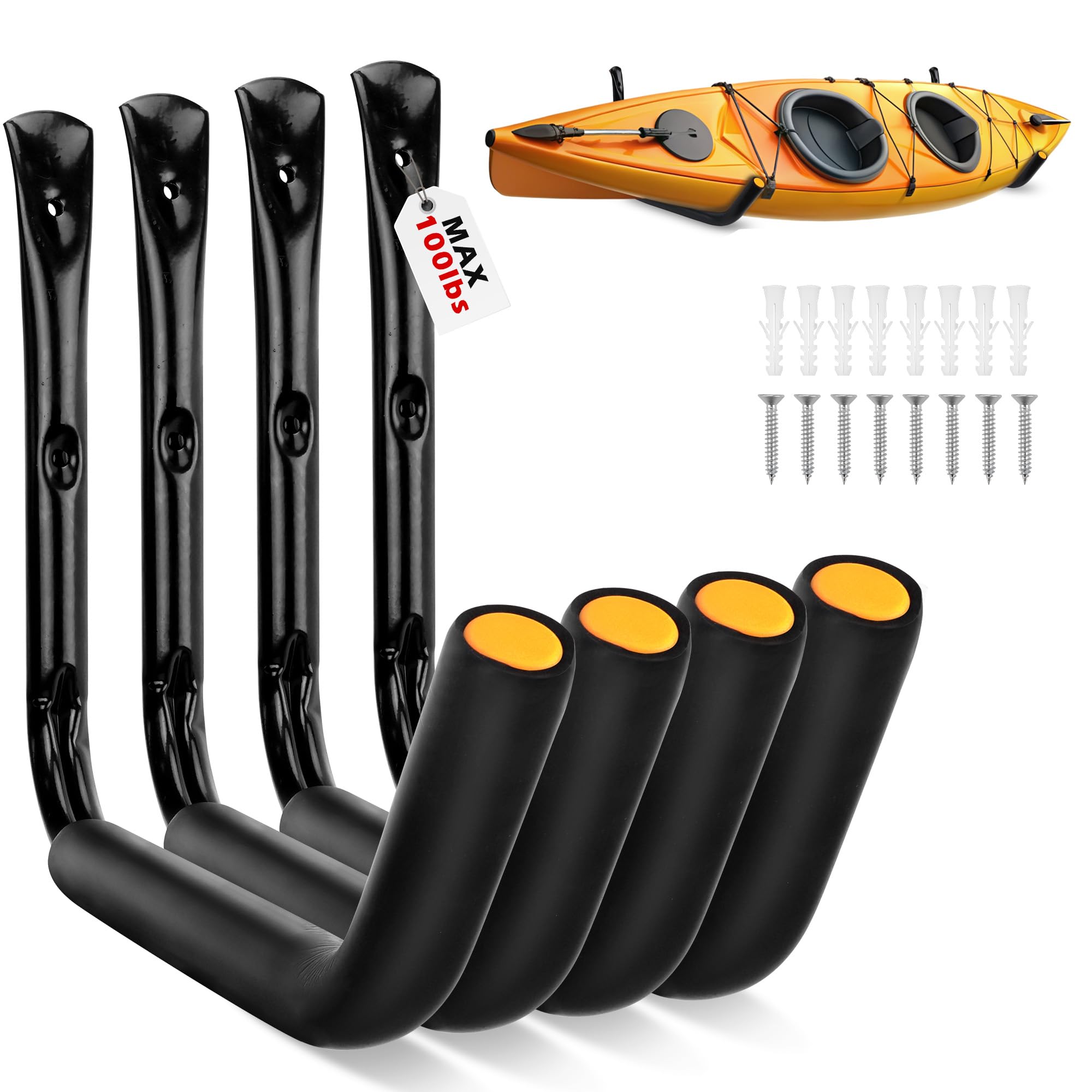 SEDY 4-Piece 15" 100 Lbs Heavy Duty Garage Storage Hooks, Kayak Storage Rack Garage Hooks Jumbo Arm Kayak Wall Mount for Hanging Surfboard Snowboard