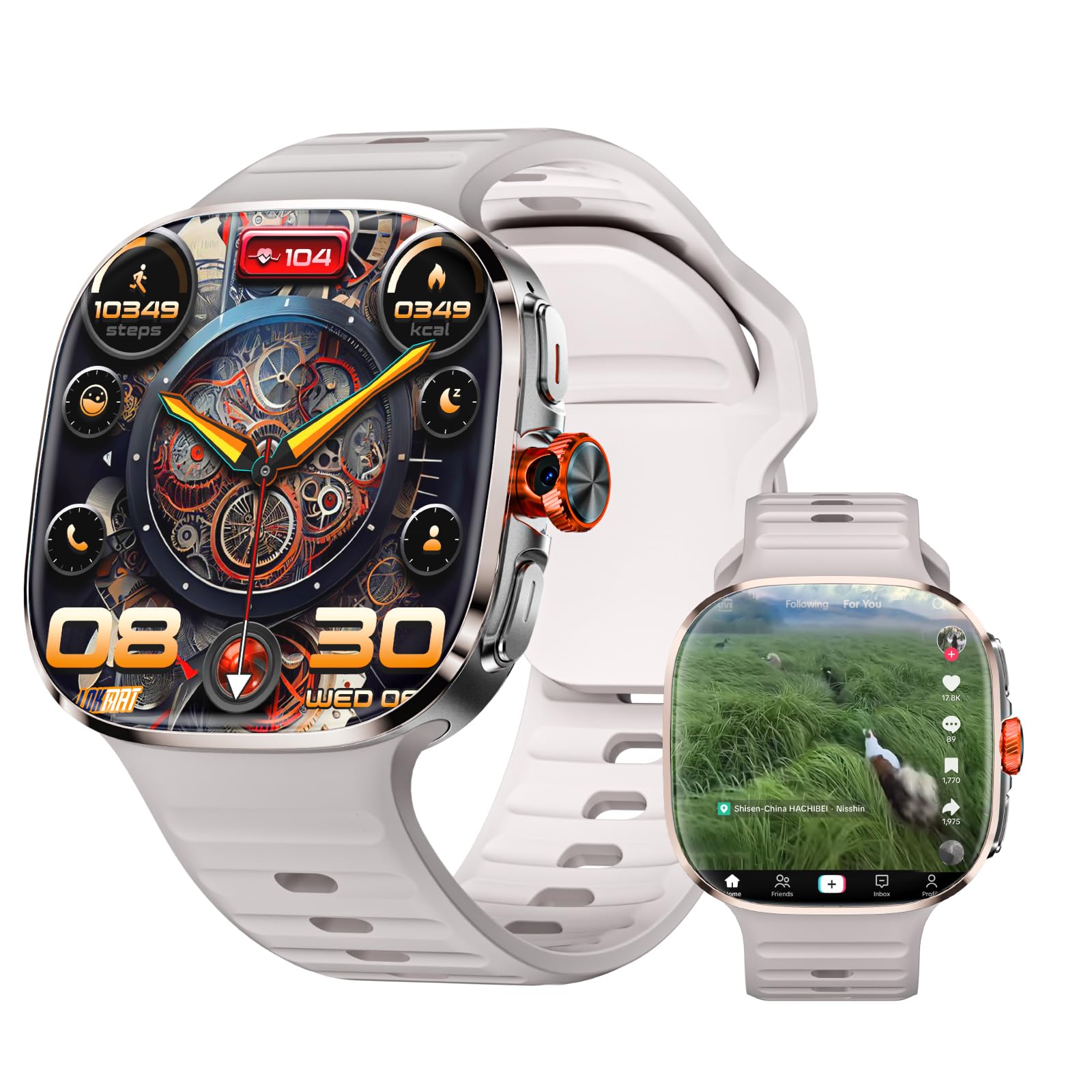 LOKMAT Montre intelligente Android avec carte SIM 4G, écran AMOLED de 2,16", 3 Go + 32 Go, pour homme et femme, avec caméra rotative, WiFi, GPS, 1150 mAh, montre de suivi d'activité physique (doré)