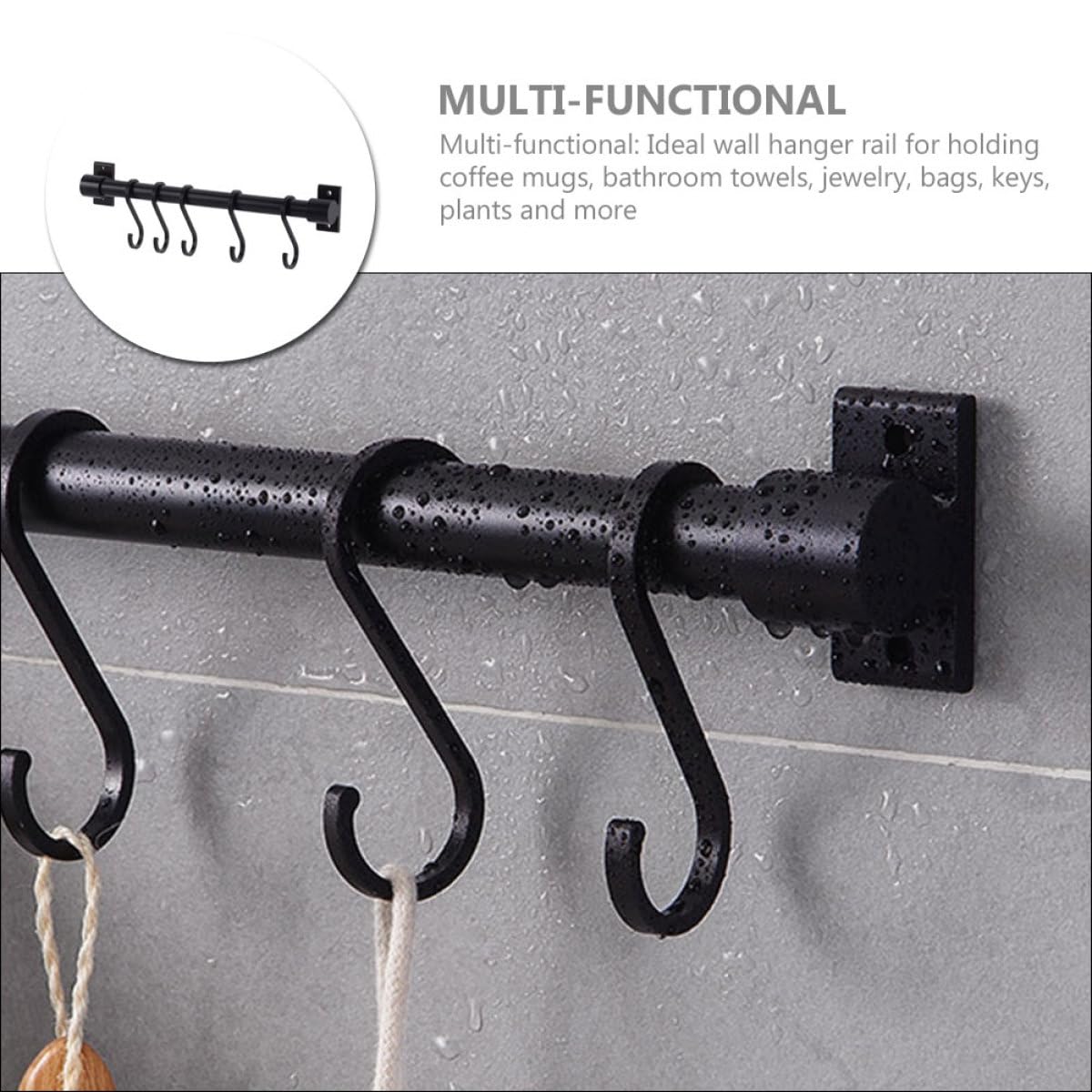 Estante de Cocina Riel de Pared 30 Cm Negro, Colgador de Utensilios Desmontable, Gancho S de Metal Resistente, para Cocina y Baño, Organizador 5 Ganchos para Ollas y Sartenes