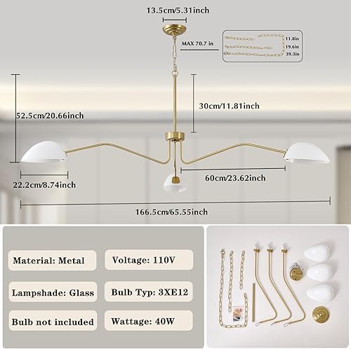 Miniatura 4 de Candelabro de 3 luces doradas de mediados de siglo, lámpara moderna dorada de 65.5 pulgadas con pantalla de vidrio blanco, lámpara colgante de 3