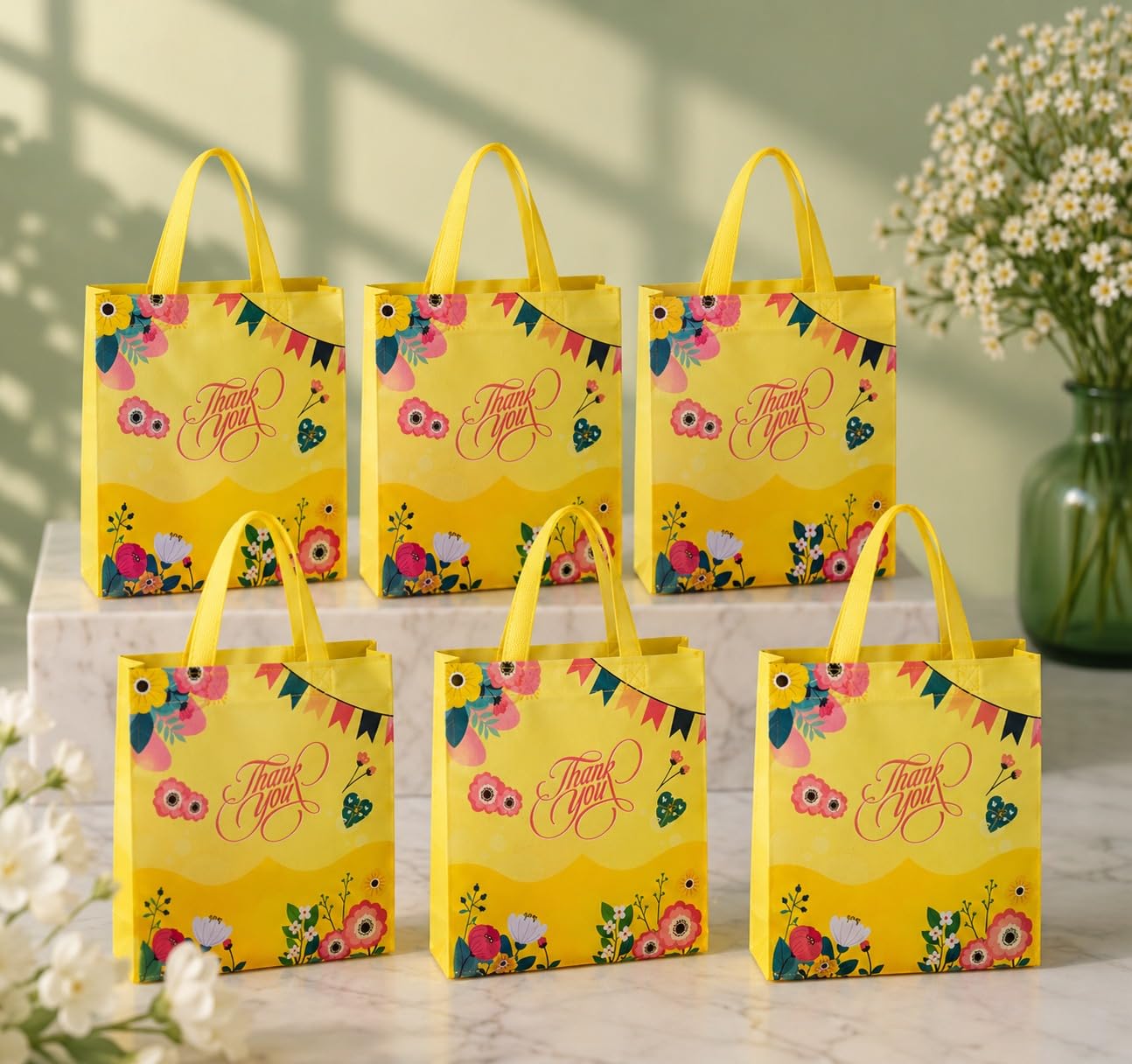 Pack of 6 Premium Return Gift Bags for Kids, Colorful Floral Design Paper Gift Bags with Handles, Birthday Party Favor Bags, Thank You Bags for Gifts & Special Occasions Rakhi Gift & Diwali Gifts Pack (Yellow)-image-3
