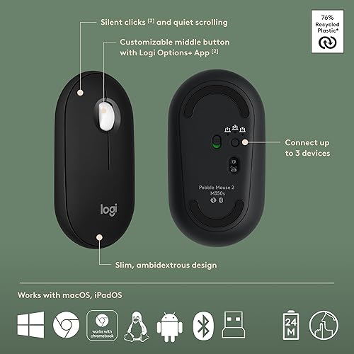 Miniatura 7 de Logitech Pebble 2 Combo, teclado y mouse inalámbricos, silencioso y portátil, personalizable, perno logi, Bluetooth, fácil de cambiar para Windows,