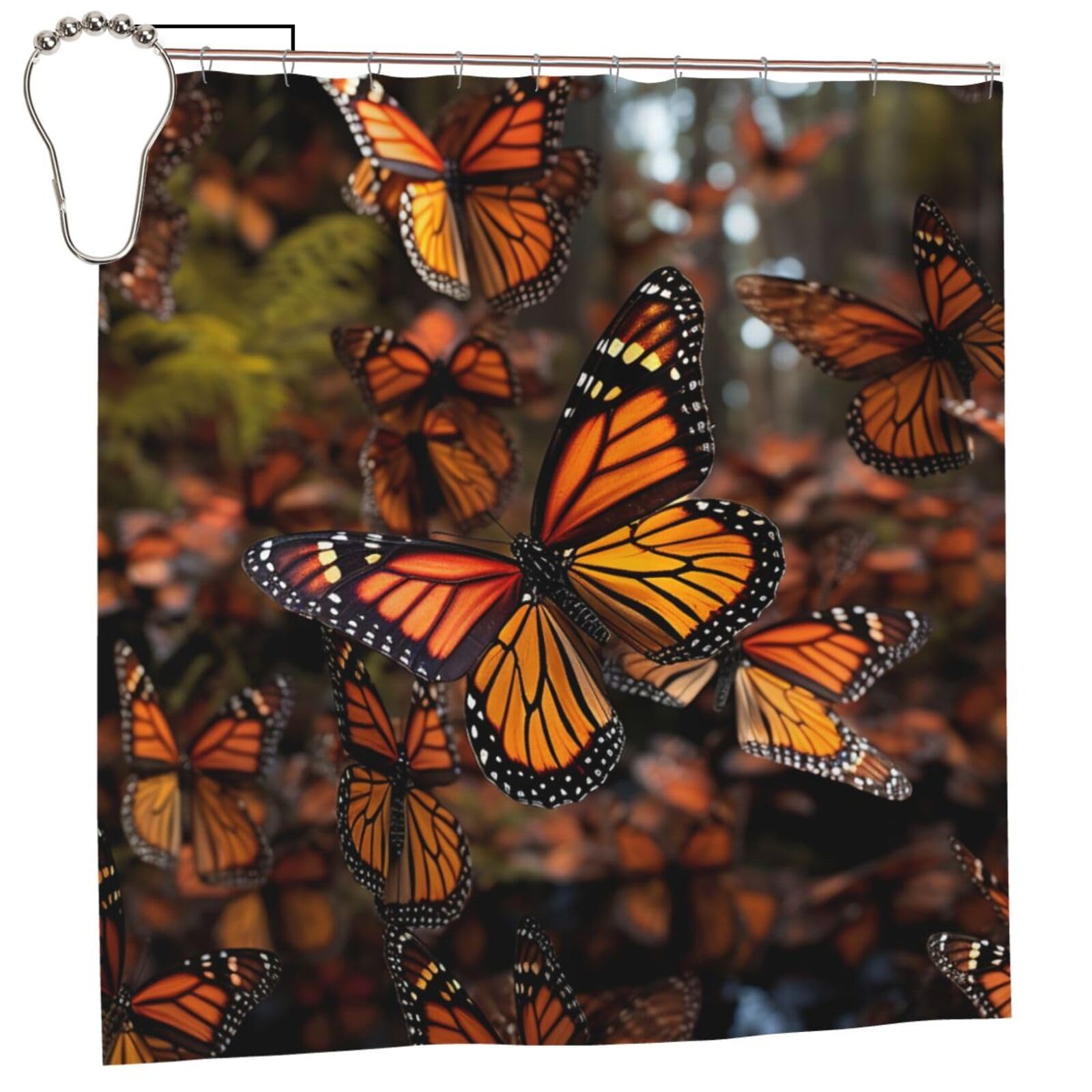 FodPand Monarch Butterflies Shower Curtain 70"x70" Waterproof Long Bathroom Curtain Heavy Duty Thick Cloth Bath Curtain Set with Hooks, Modern Abstract Art Pattern Bathroom Shower Curtains