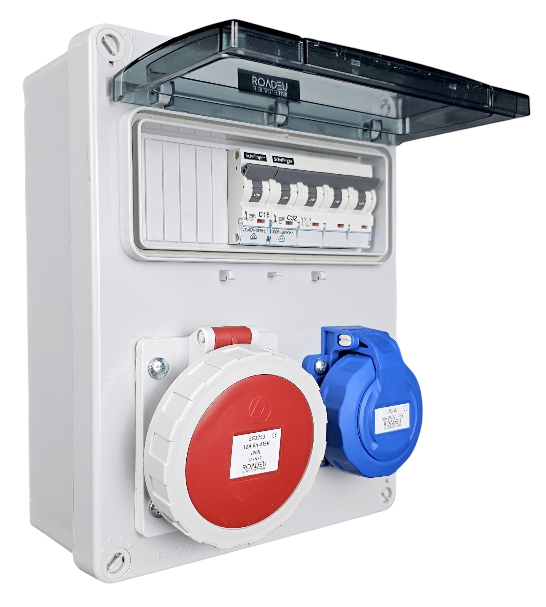 RoadEu Coffret de distribution IP65 CEE 32A 5P 400V & prise 230V 2P+T, coffret mural avec disjoncteurs C32A 4P + C16A 2P, prises à couvercle vissé