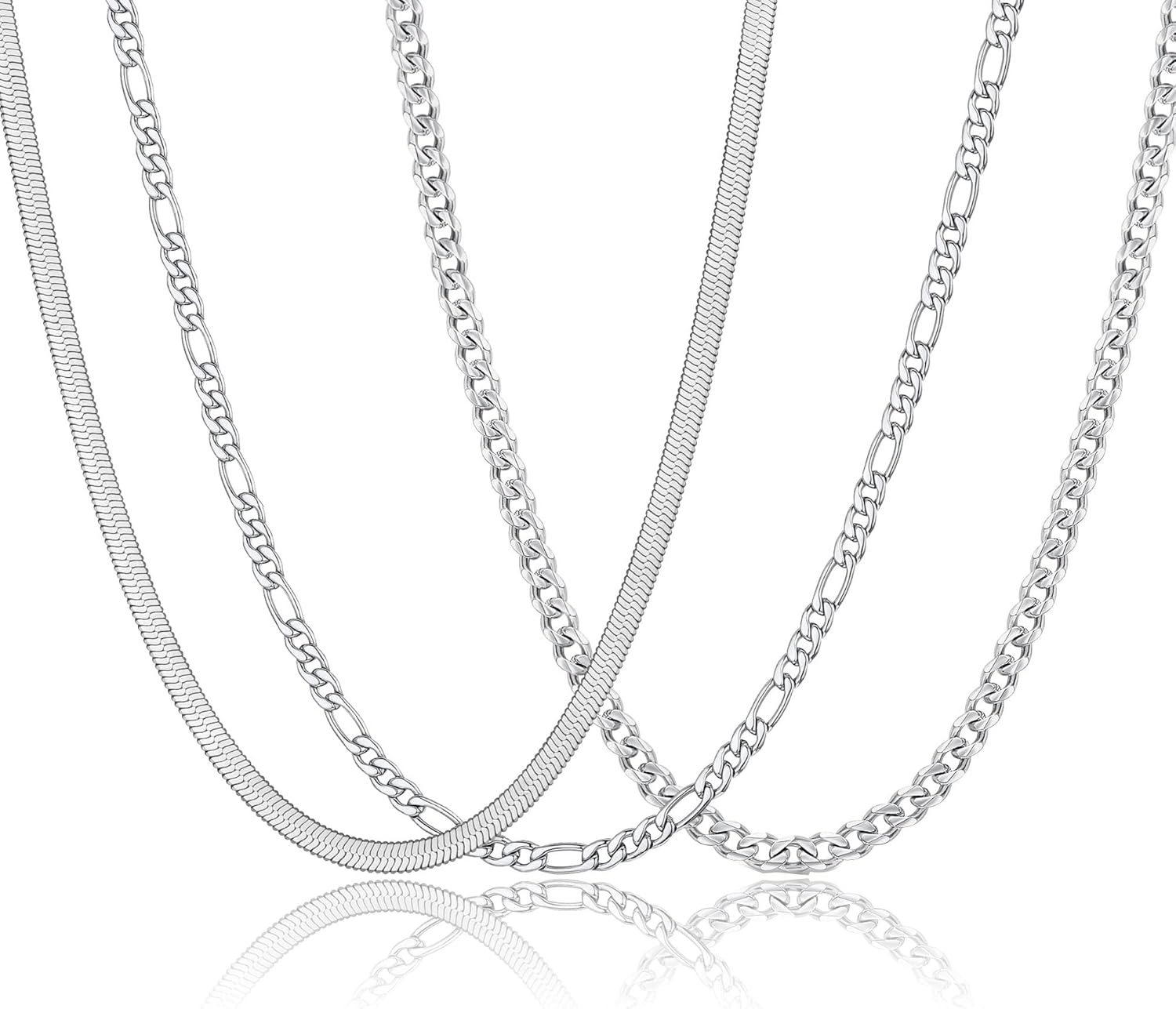 Easter Basket Stuffers-3 Pcs Chain for Men Necklace for Boys 316L Stainless Steel Cuban Link/Figaro/Herringbone Chains Set Jewelry Gifts for Men Women Boys Black/Gold/Silver 16/18/20/22/24 Inches