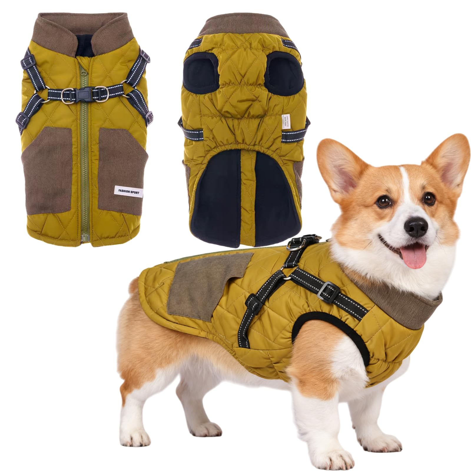 Veste d'hiver pour chien - Manteau pour chien de petite et moyenne taille - Coupe-vent chaud avec harnais - Pour animaux de compagnie - Vert - Taille M