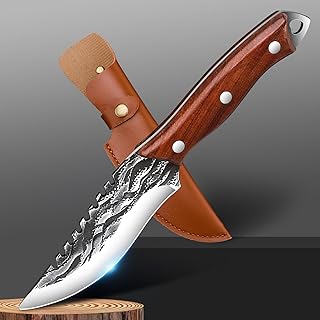 Fixed Blade Knife with Sheath, Fixed Blade Hunting Knives,Non-Slip Wood Handle.Lanyard Hole, Knives for Men, for Bushcraft, Hiking, Outdoor (Reddish brown) - zarfand