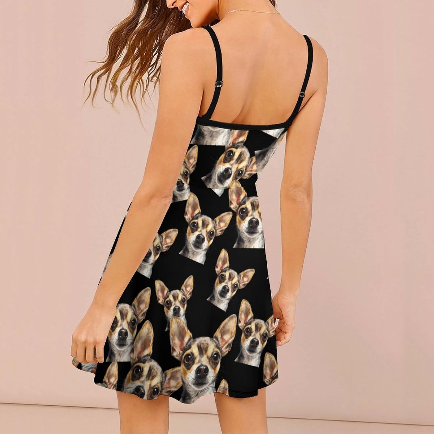 Cute Chihuahua Dog Short Cami Dress for Women Adjustable Spaghetti Strap Flowy Sundress Beach Vacation