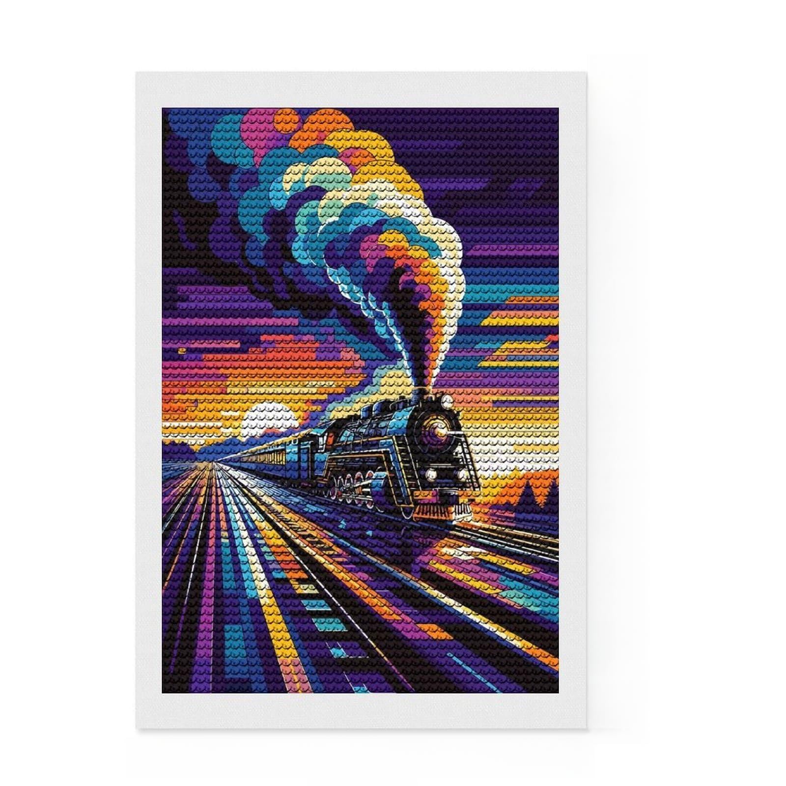 Junmoney Steam Train Sunset WPAP Diamond Painting Set 8"x12", for Craft Lovers, Complete Accessories, Birthday Gift, Bedroom Decor, with Tool Kit
