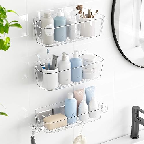 Miniatura 20 de TZAMLI Organizador de ducha transparente con jabonera, estante organizador de ducha adhesivo, estante de plástico montado en la pared, estantes sin