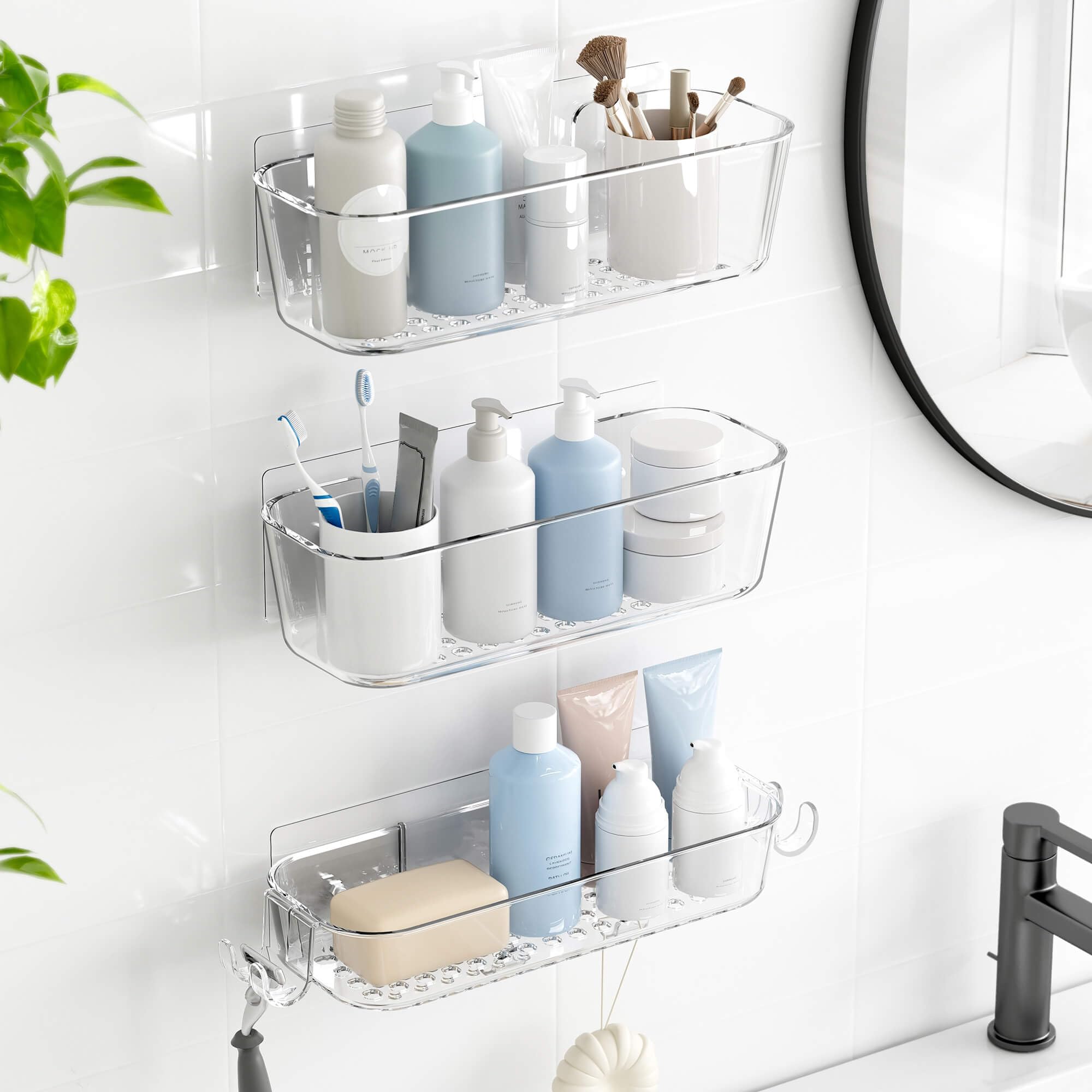 TZAMLI Organizador de ducha adhesivo, estante de ducha resistente al óxido con soporte para maquinilla de afeitar y gancho, estante de ducha para almacenamiento de baño (transparente, paquete de 3)