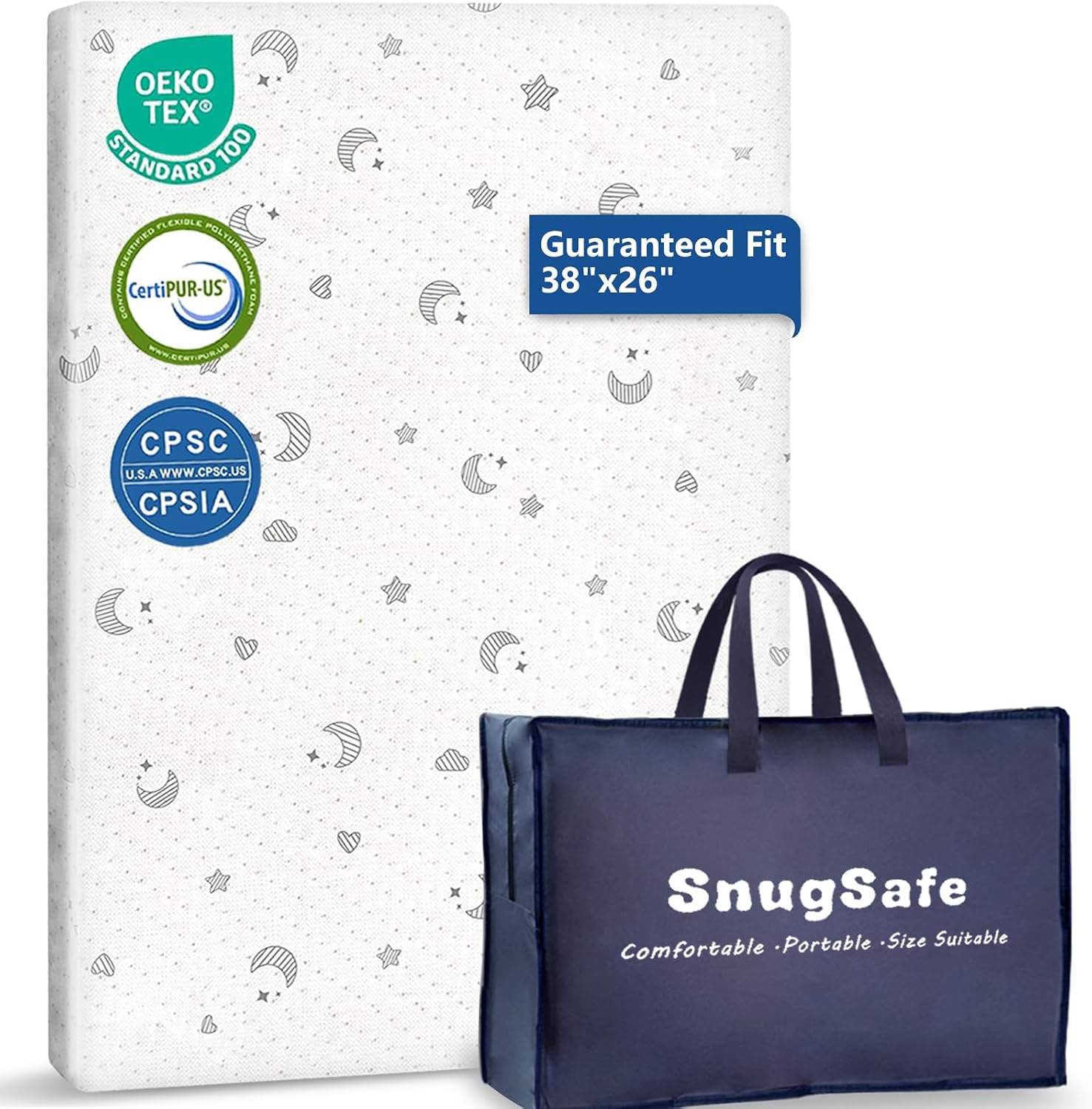 Breathable Pack and Play Mattress Pad (38"x26"x1.8"), Waterproof Pack n Play Mattress Pad with Anti-Slip Bottom, Portable Playard Mattress with Carry Bag, 1.8" Thick