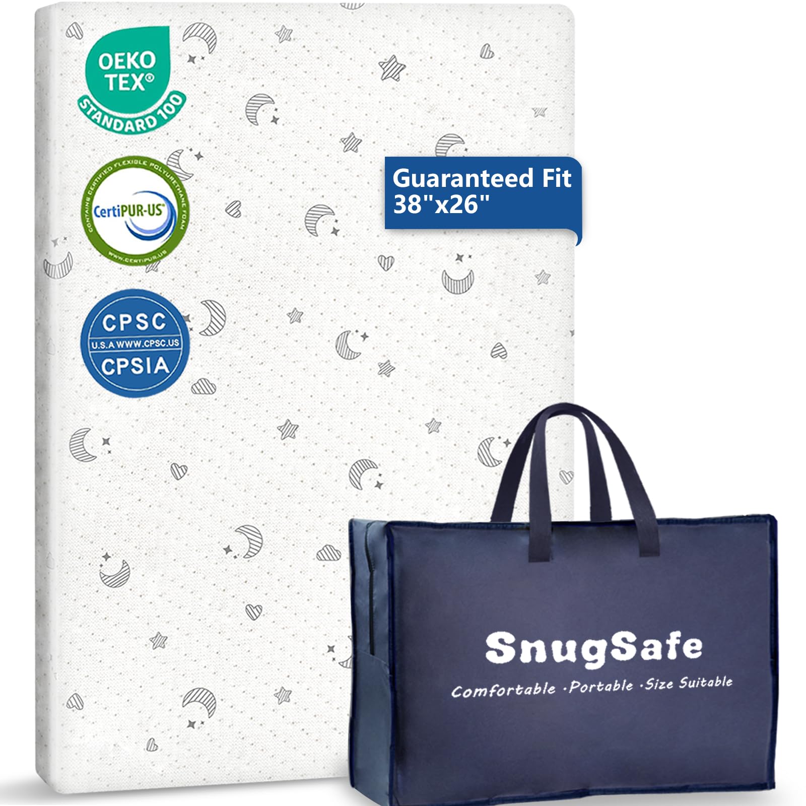 Breathable Pack and Play Mattress Pad (38"x26"x1.8"), Waterproof Pack n Play Mattress Pad with Anti-Slip Bottom, Portable Playard Mattress with Carry Bag, 1.8" Thick