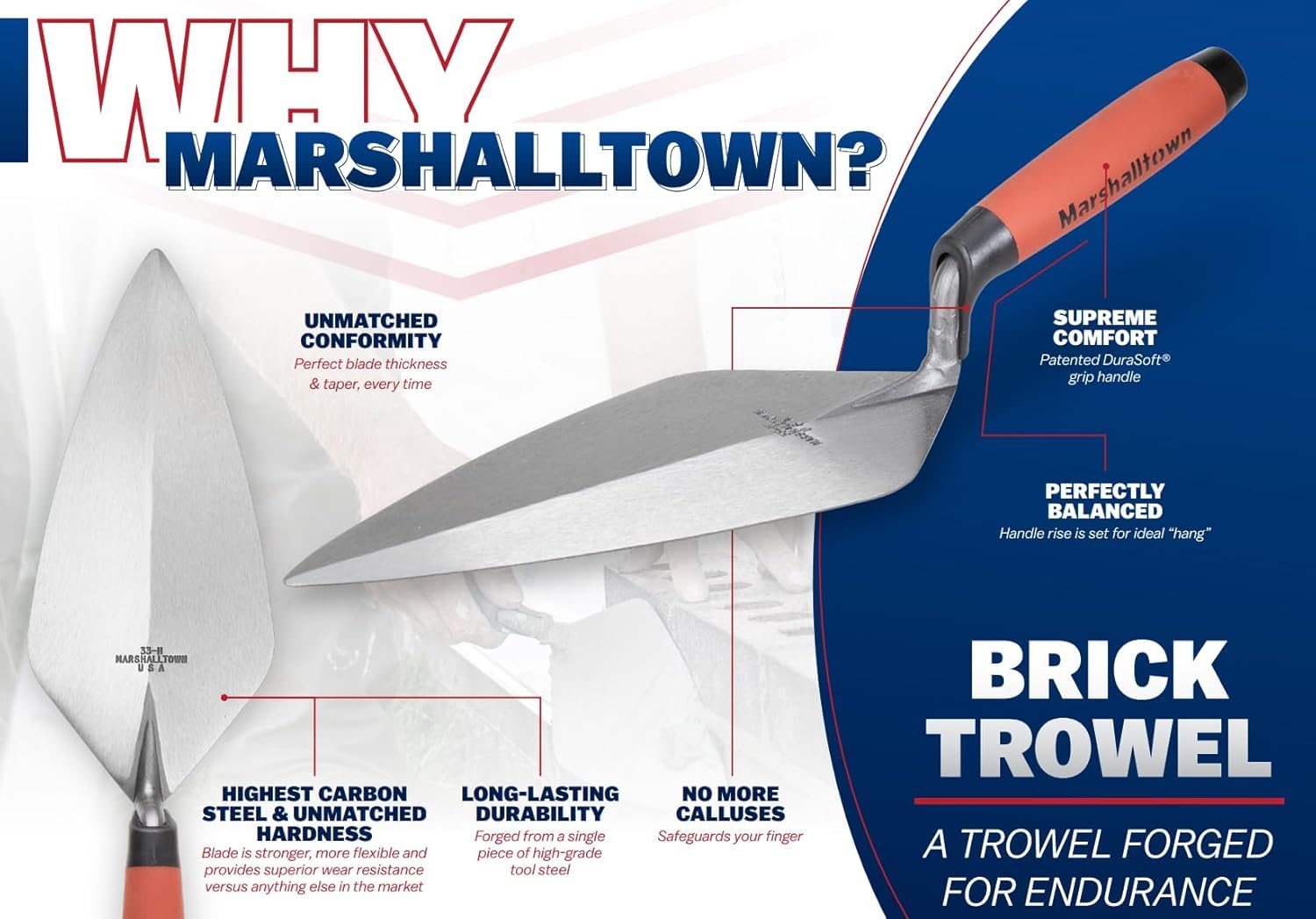 Marshalltown Maurerkelle Philadelphia Style mit Durasoft Griff aus Carbonstahl, Maße: 279x140 mm