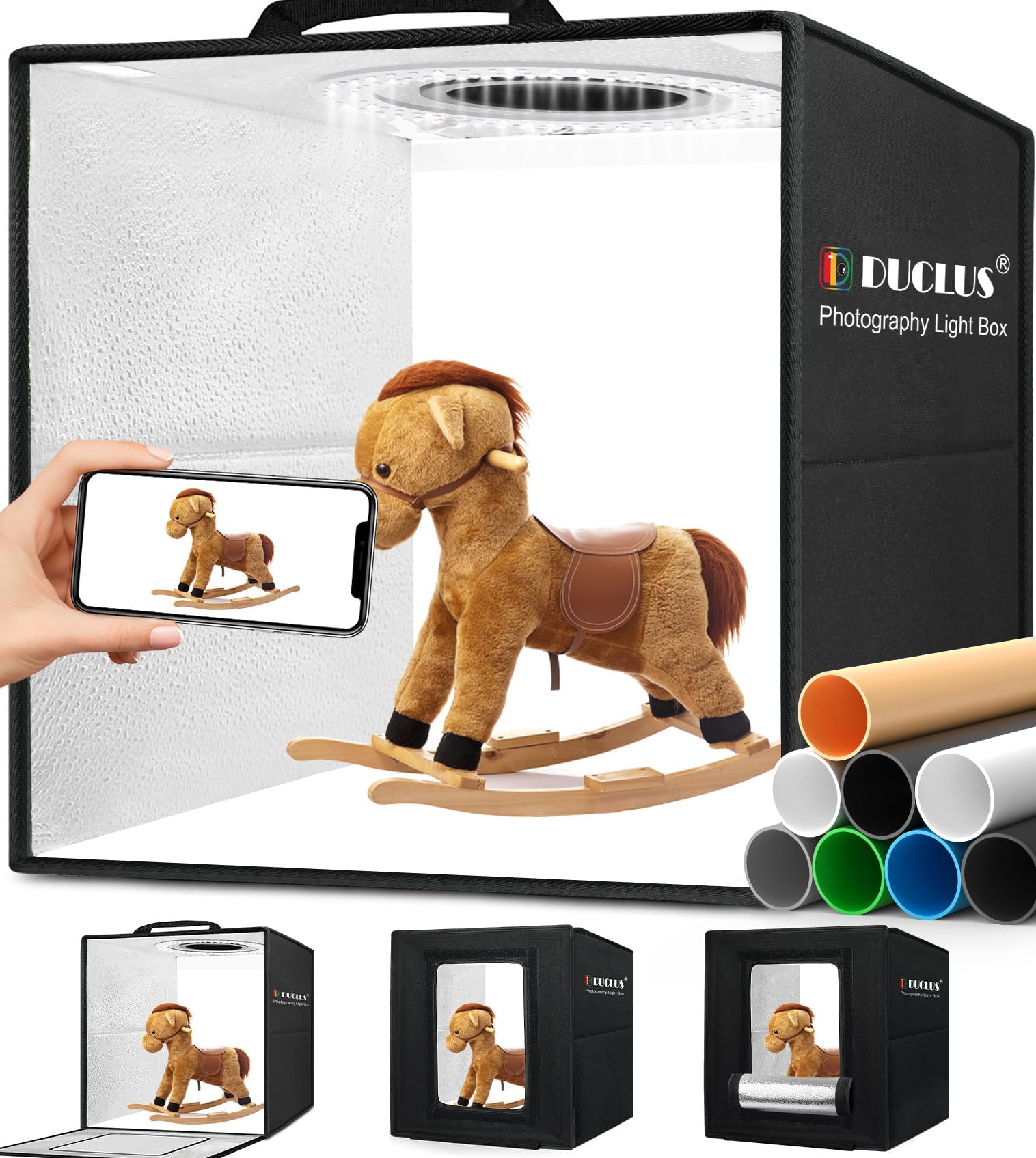 DUCLUS Fotobox zum Fotografieren, 30x30 cm Photobox zum Produktfotografie, Faltbare Mini Fotostudio Set mit Dimmbare 120 LEDs, 8 Glänzende Hintergründe für Lichtzelt zum Schmuck Kleine Gegenstände