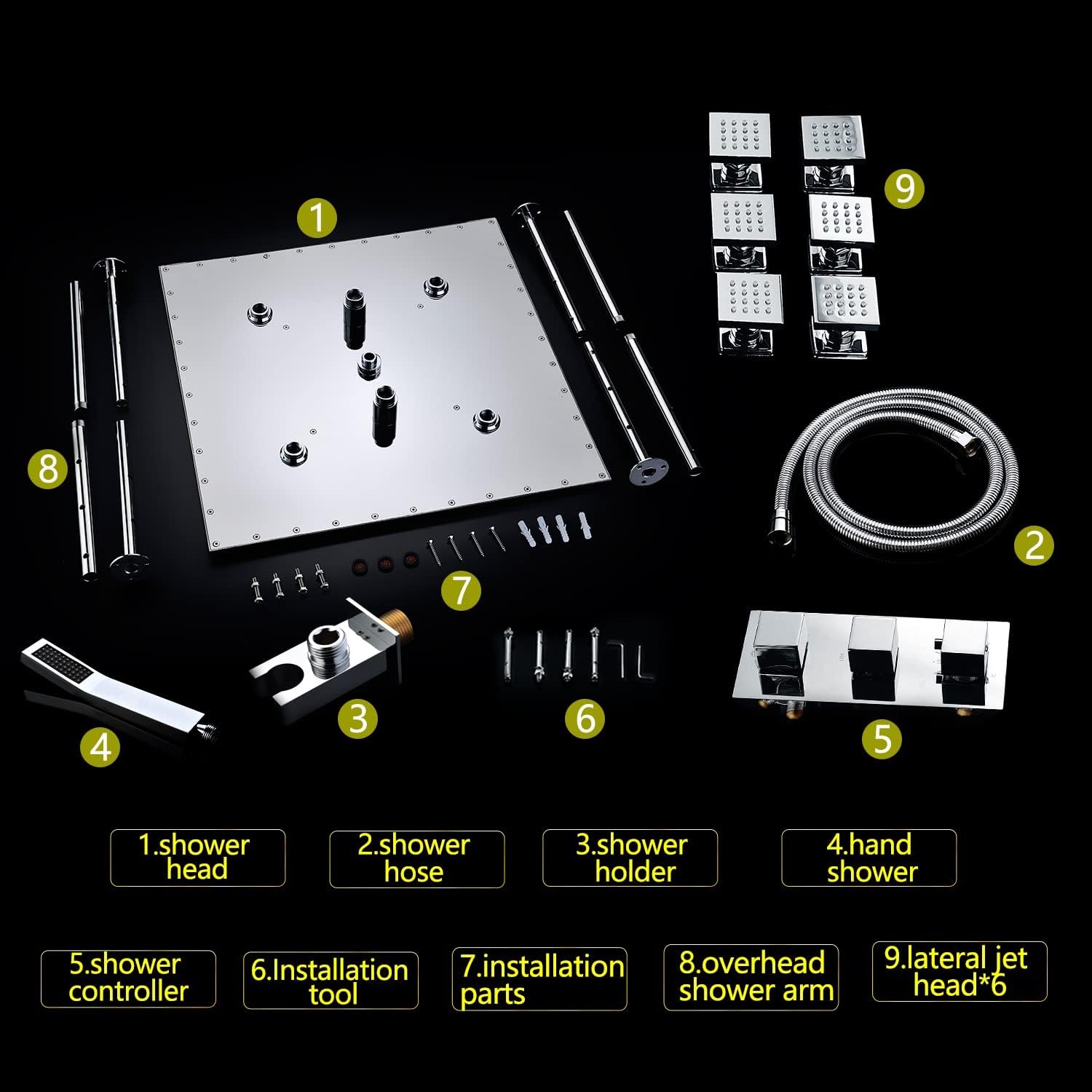 Cascada Luxurious 16'' x 32'' Shower System with 4-Way Shower Mixer (3 knob), 4 Mode Functions (Rainfall, Rain Misty, 6 Massage Jets Spray Body and Hand Shower) (16'' x 32'', Matt Black)