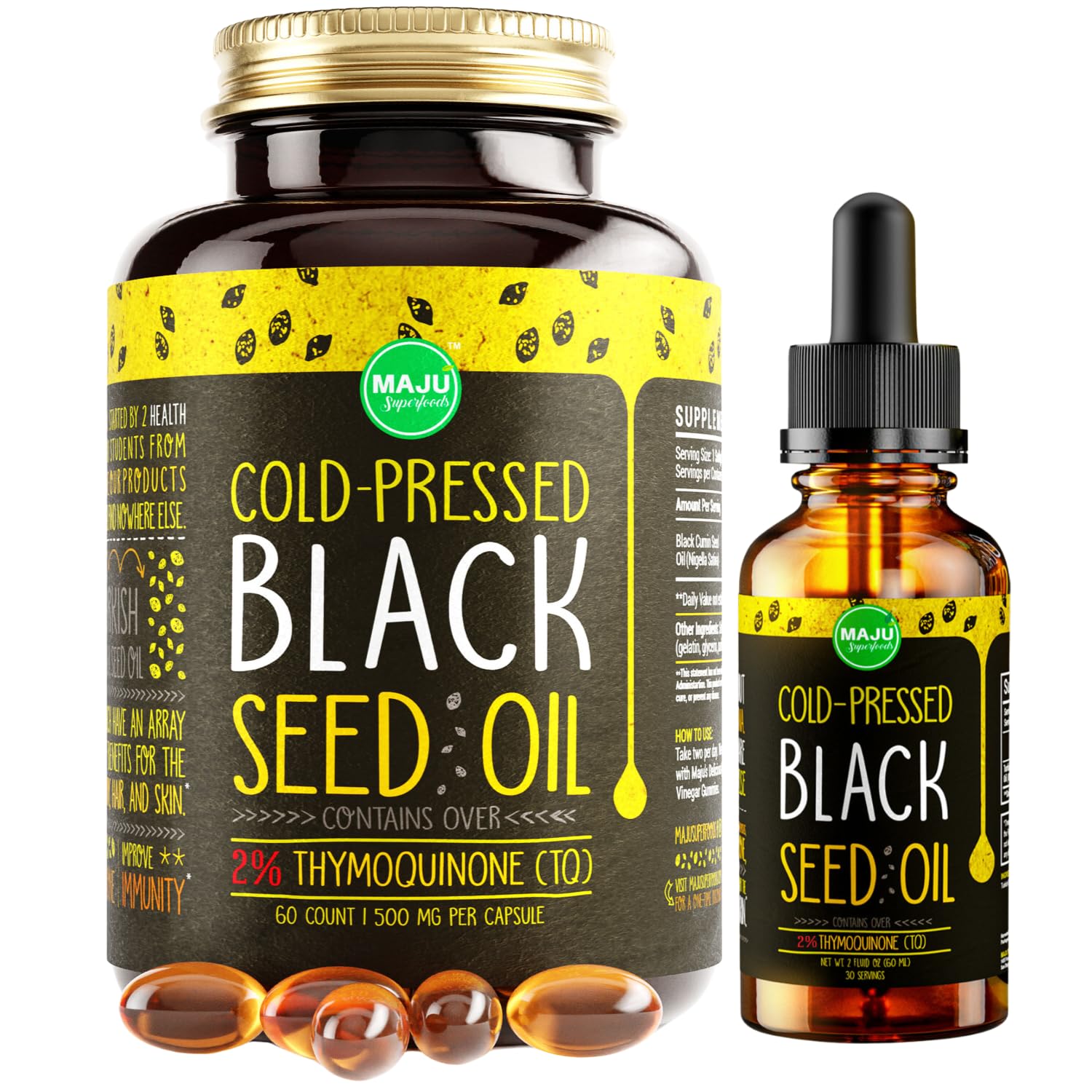 Maju SuperfoodsBlack Seed Oil 2 oz and Black Seed Oil Capsules Bundle