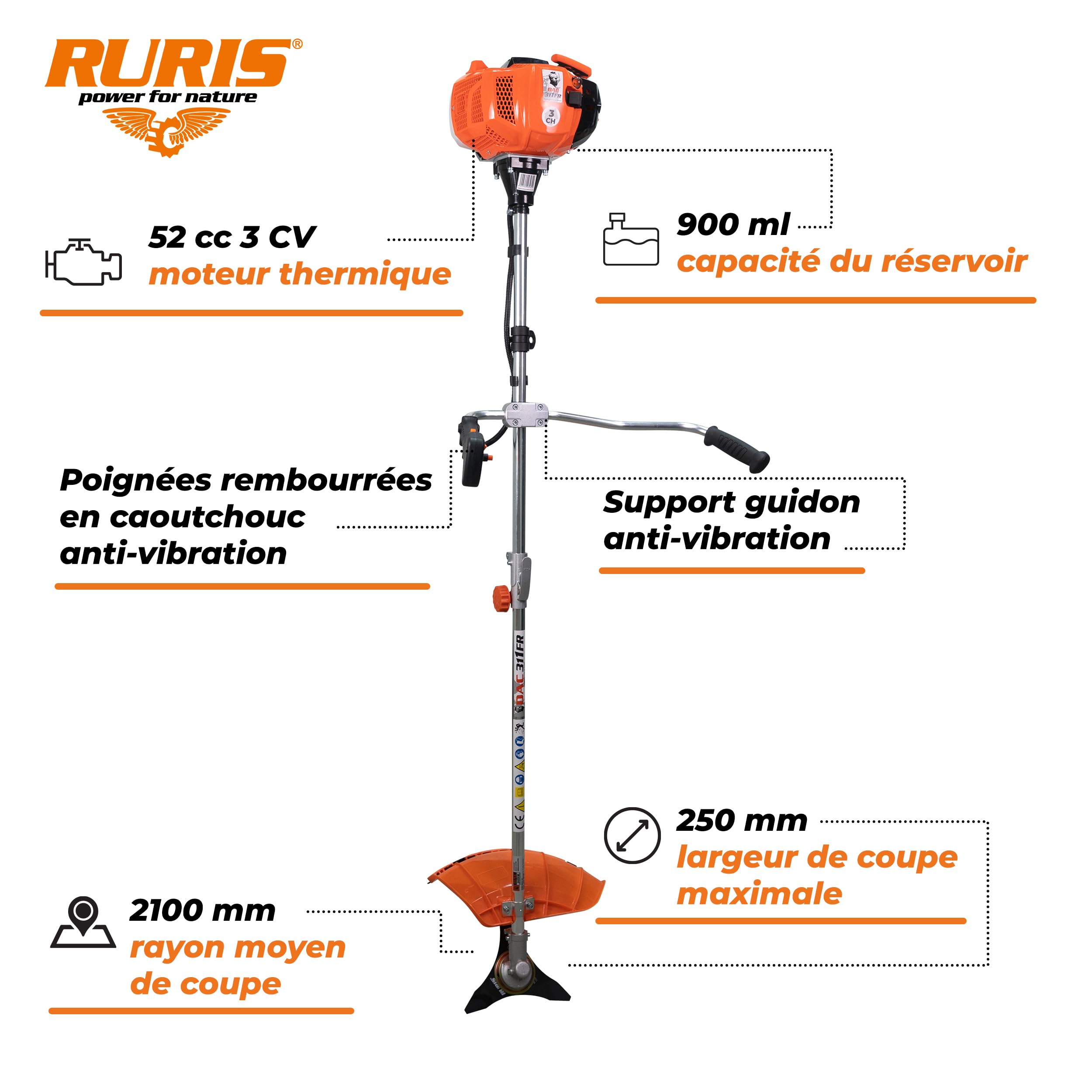 RURIS Power for Nature Débroussailleuse Thermique DAC 311fr 52cc, 3CV, 250mm - pour Jardin, Élagage, Faucheuse, Coupe Bordure, Inclus Lame, Harnais, Fil de Coupe, Orange
