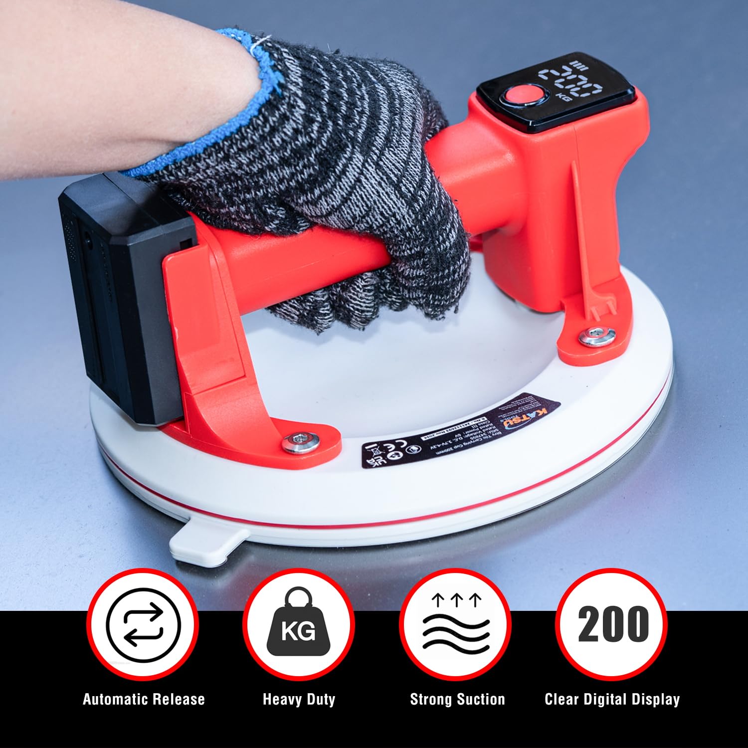 KATSU Tools 2 uds Ventosa Eléctrica 8", Pantalla Digital, Auto Start Stop, Silicona Triple Capa, Recargable, 200kg Carga, Elevador Cristal Azulejo en Estuche Plástico