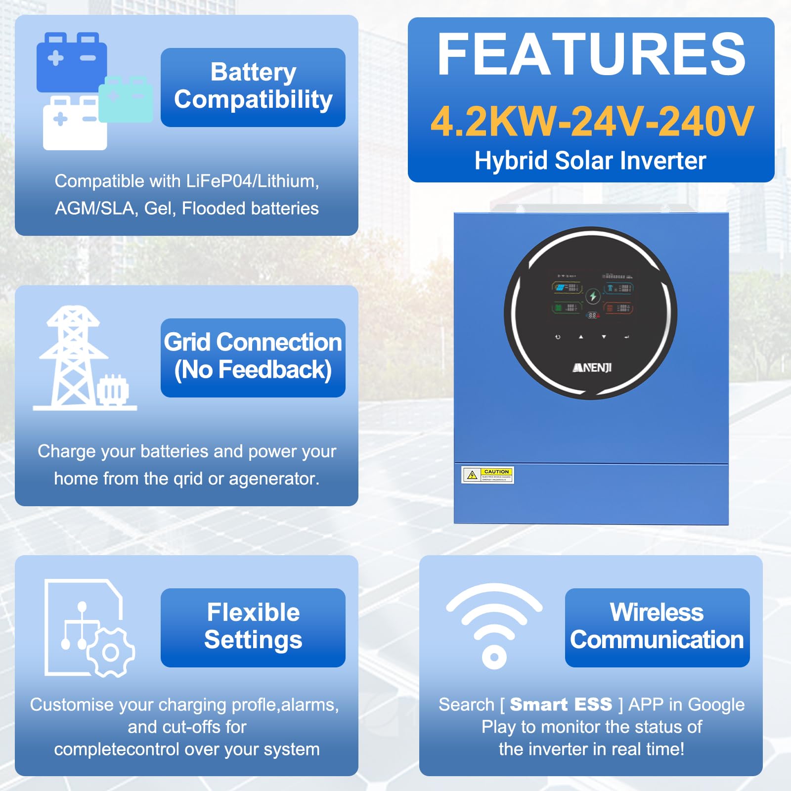 4200W Inverter Ibrido 24V Inverter Fotovoltaico a Onda Sinusoidale Pura, Tensione a Circuito Aperto Fotovoltaico 60–500 Vcc Dispone di Due Porte di Uscita Integrate e un Modulo WiFi