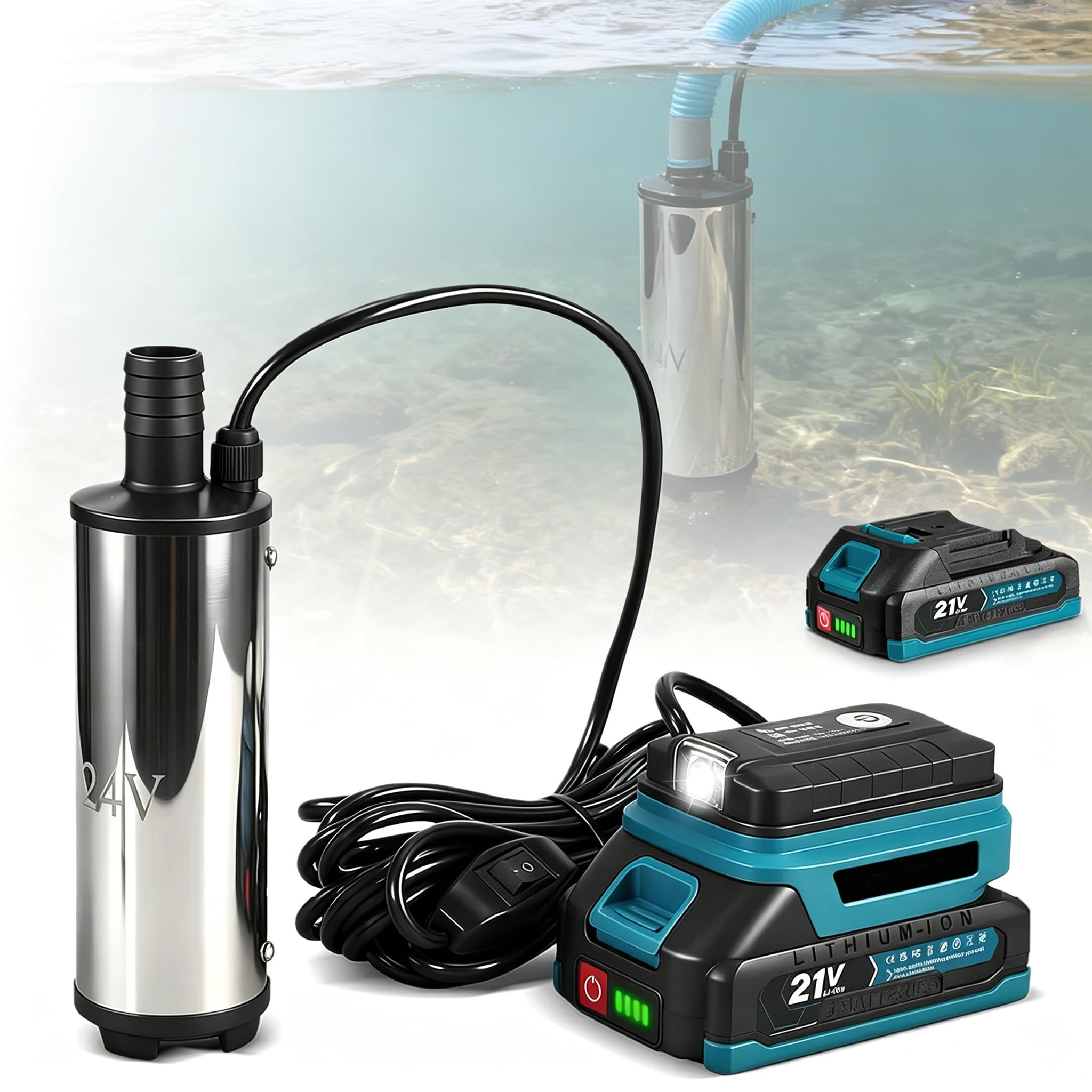 Bomba de agua con batería de 7500 mAh, 21 V, bomba eléctrica sumergible inalámbrica, altura de impulsión 3-5 m, caudal 50-80 l/min, bomba de transferencia con cable de 5 m, para piscinas, acuarios