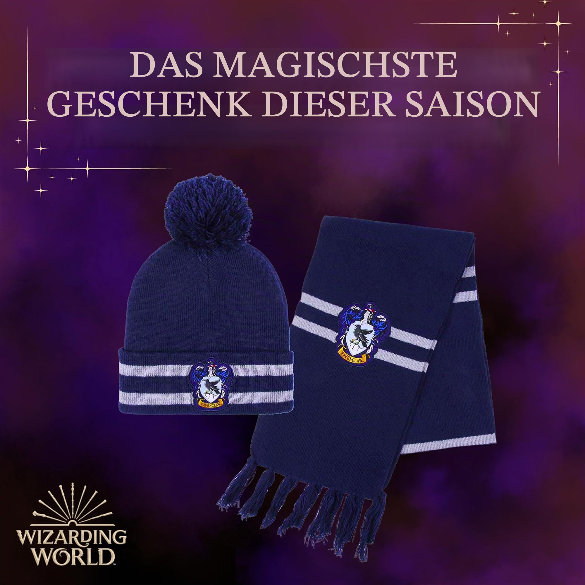 Harry Potter Mütze und schal, Winter-Set für Kinder und Jugendliche, Hogwarts- und Ravenclaw-Mütze und -schal, Winter-Accessoires - Blau