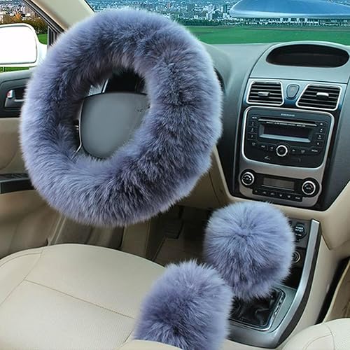 Miniatura 6 de Ziciner 3 fundas de lana para volante con funda mullida para freno de mano y funda para palanca de cambios, protector suave y esponjoso universal de