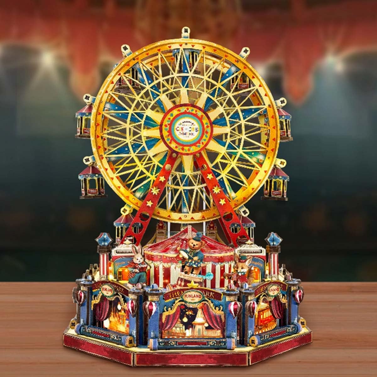 Drewniane puzzle 3D, obracający się wiek, diabelski młyn, drewniany zestaw modeli ze światłami, zestaw do samodzielnego wykonania, kolekcjonerska dekoracja biurka i kreatywny prezent dla entuzjastów