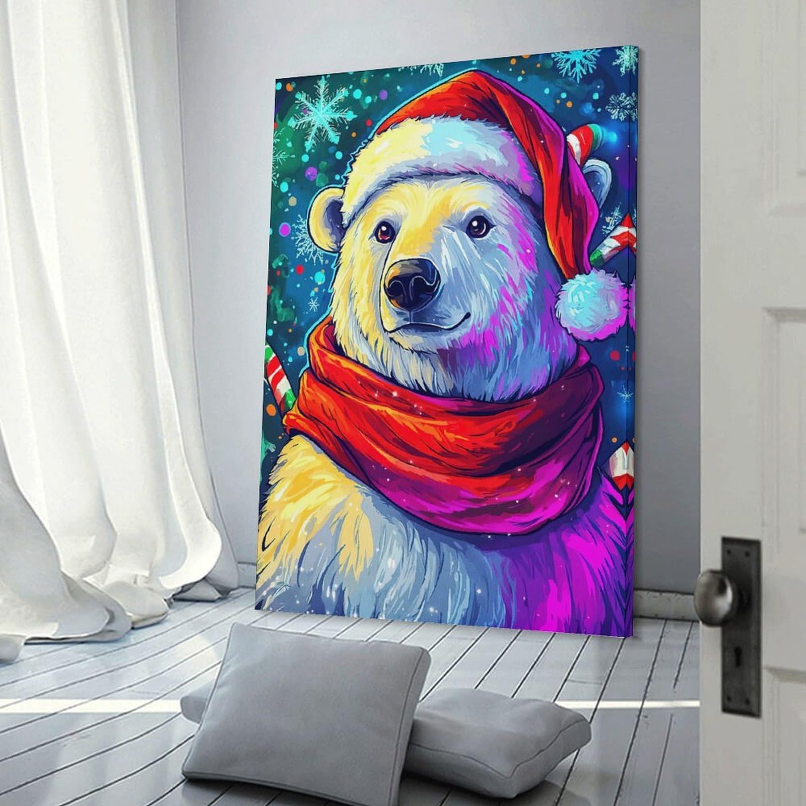 Junmoney Festive Polar Bear Wall Art Print 24x36inch(60x90cm), for Picture Wall Styling in Lounge Or Bedroom, A Versatile Canvas Print for Layering