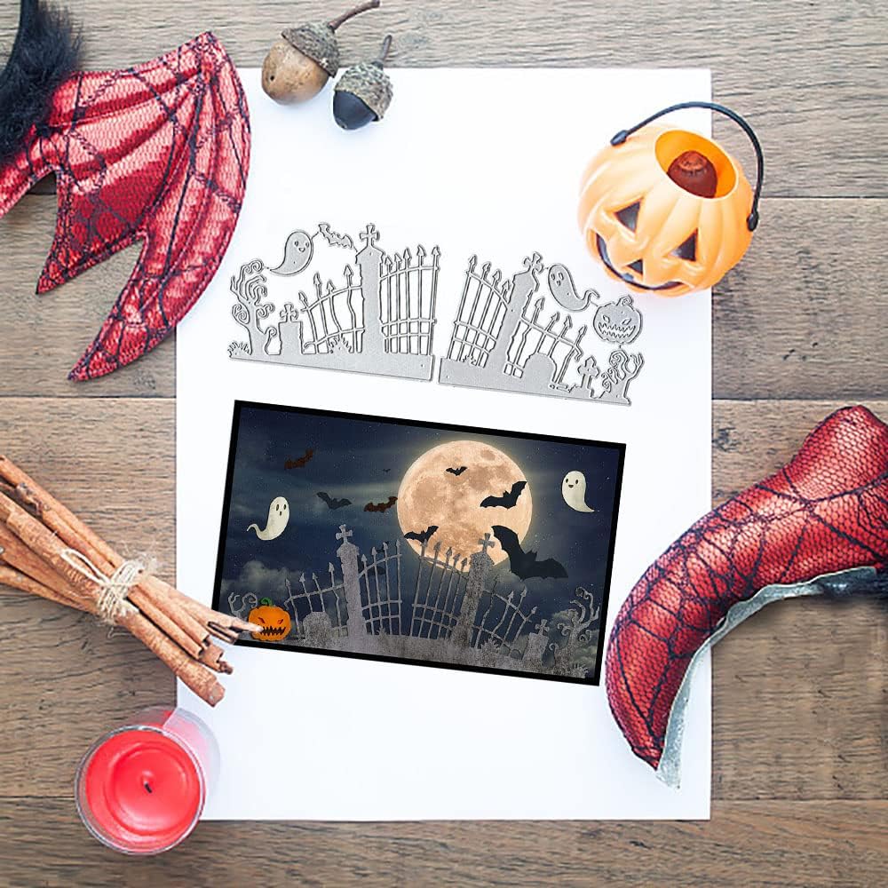 ALIBBON Halloween Die Cuts for Card Making and Scrapbooking, Pumpkin Ghost Fence Cutting Dies Metal Template Molds, Tree Grave Die Cuts for DIY Photo Album Paper Embossing Card Decoration