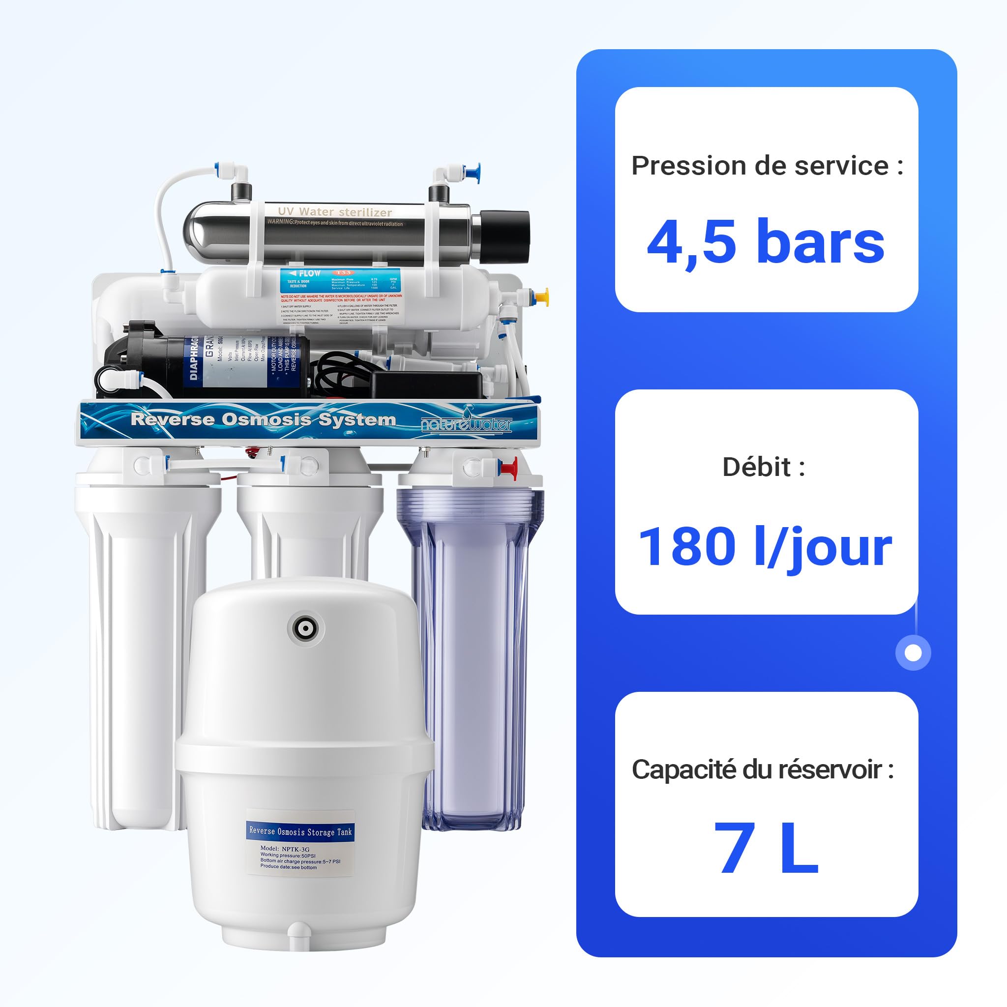 Naturewater Système osmose inverse 6 étapes (RO) – 510 x 380 x 185 mm – 180 l/jour – avec lumière UV et pompe de surpression – Filtre charbon actif et sédiments – Eau potable