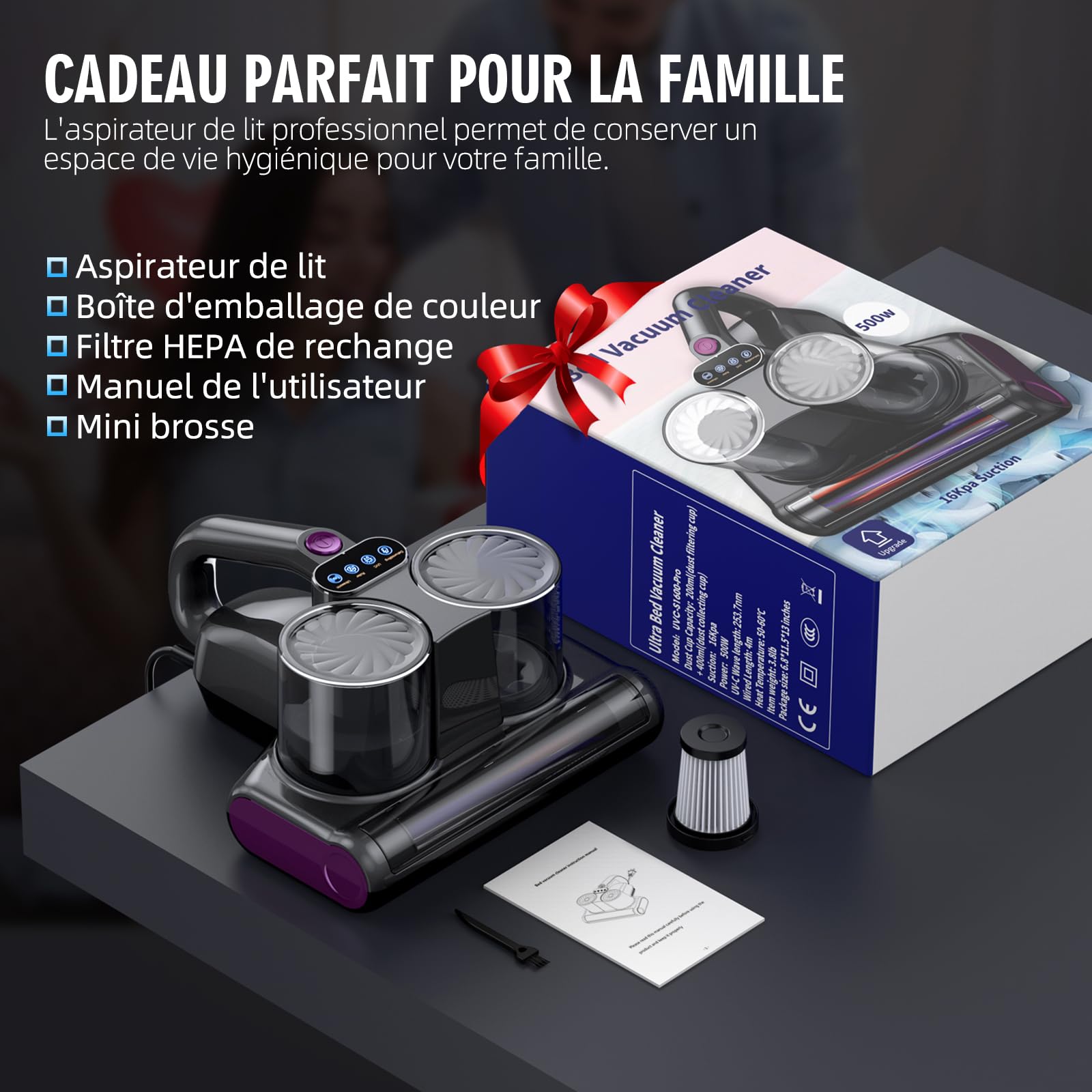 Aspirateur Anti Acariens Matelas avec Lumière UV-C de 253,7nm Aspirateur Lit 16Kpa Aspiration Ultrasons Chauffage Filtre HEPA Brosse Rotative Élimine des Allergènes 500W